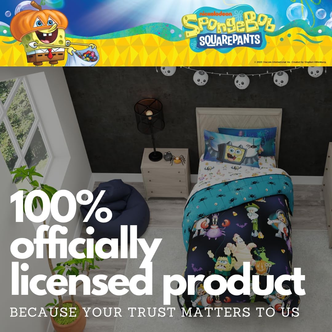 Spongebob Squarepants Kids Halloween Bedding 5 Piece Super Soft Cozy Reversible Comforter and Sheet Set with Sham, Twin, (Officially Licensed Product) by Franco - Image 7