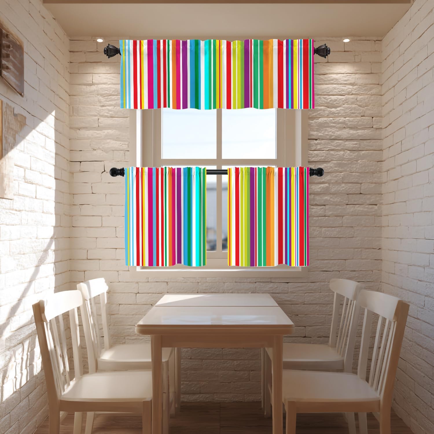 Etro Multicolor Stripes Blackout Kitchen Curtain, Colorful Stripes Bright Stylish Window Treatment Rod Pocket Light Filtering Bathroom Short Valance 2 Pack 52X18 Inches
