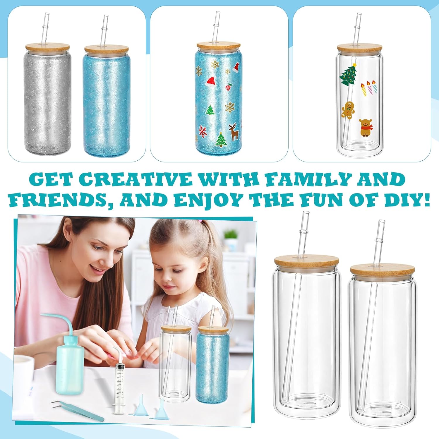 Foxtell 18 Pcs Snow Globe Tumbler DIY Kit 16 oz Pre Drilled Wall Double-Wall Snow Globe Cups with Lids Glitter Tools & Accessories Complete Craft Set for Making Custom Glitter Tumblers (Blue) - Image 5