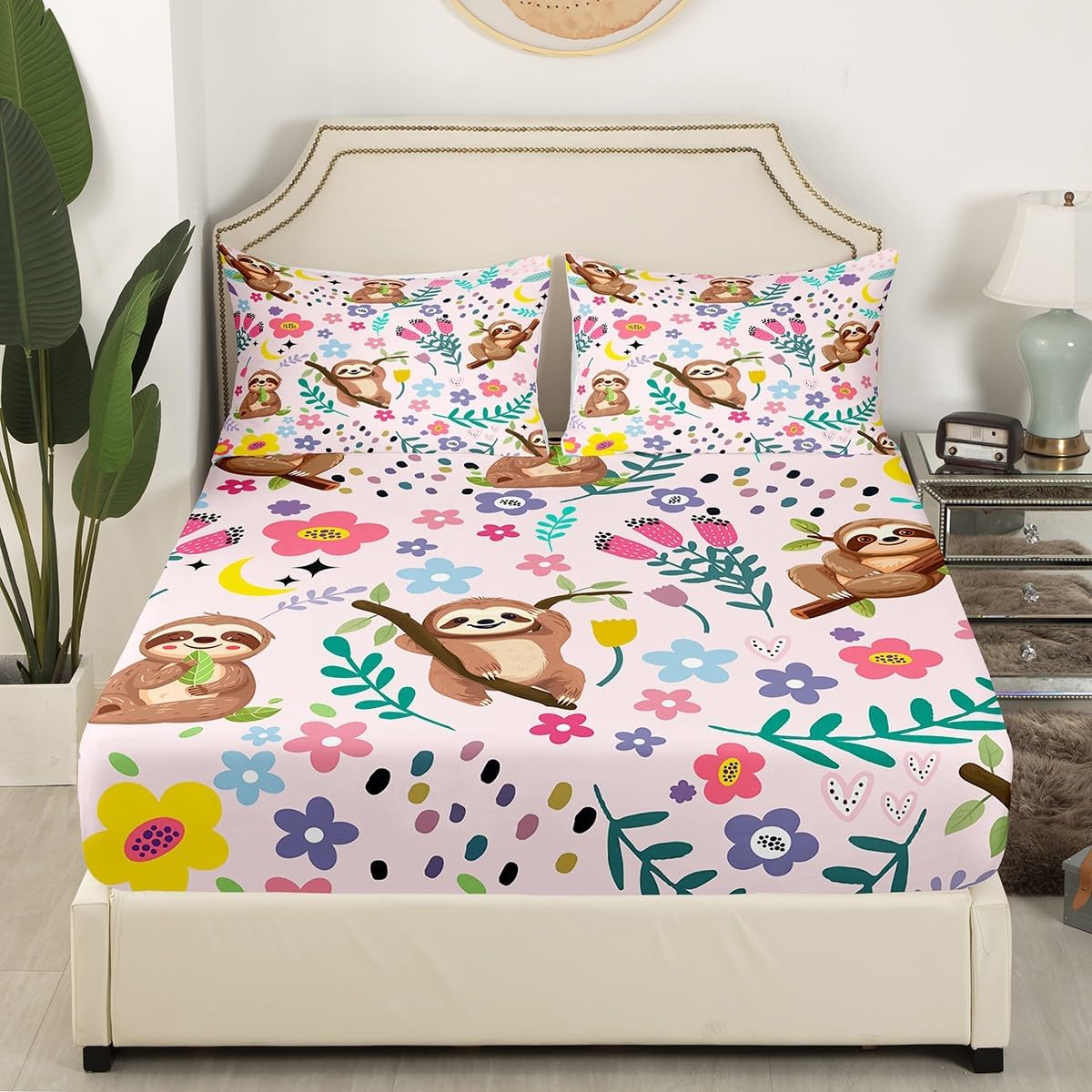 Erosebridal Floral Sloth Fitted Sheet for Kids Girls,Cartoon Koala Bed Sheets Queen,Kawaii Sloth Bed Set,Botanical Floral Leaves Tulip Garden Bedding Set with 2 Pillowcases,no Top Sheet