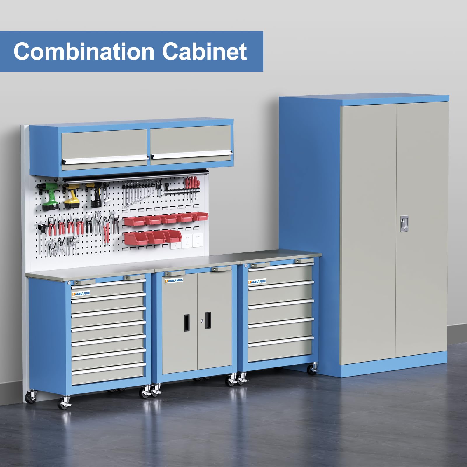 Armadietto Portautensili Larbanke - 3 Pezzi Combinabili, 5 E 7 Cassetti, Doppia Anta