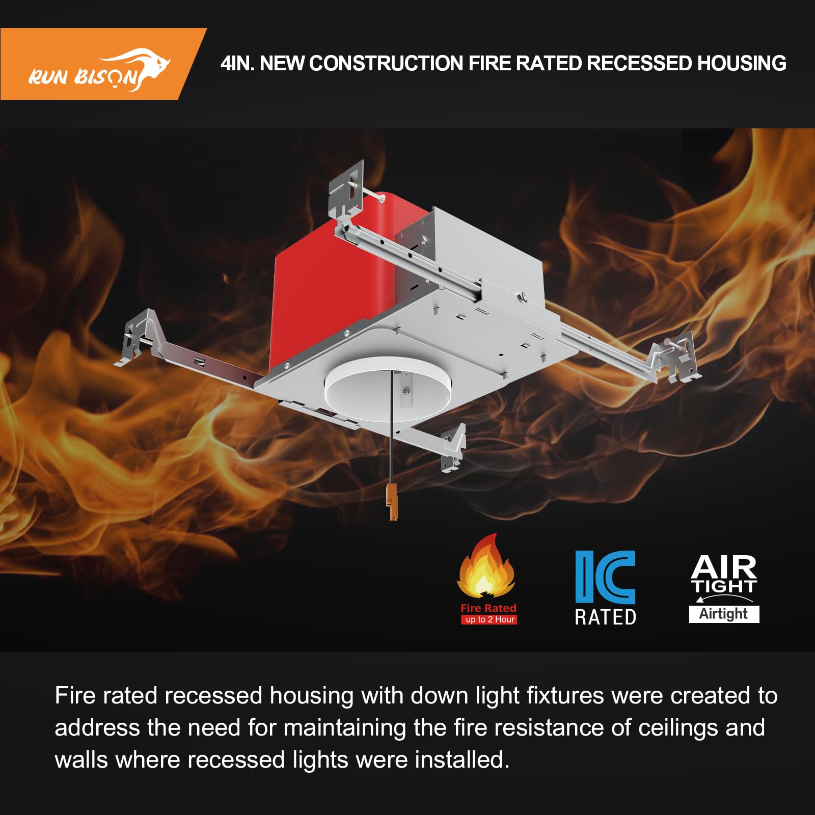 Run Bison 6 Inch New Construction Fire Rated Recessed Housing, Air Tight IC Housing, with TP24 Connector, ETL Certificated, 4-Pack