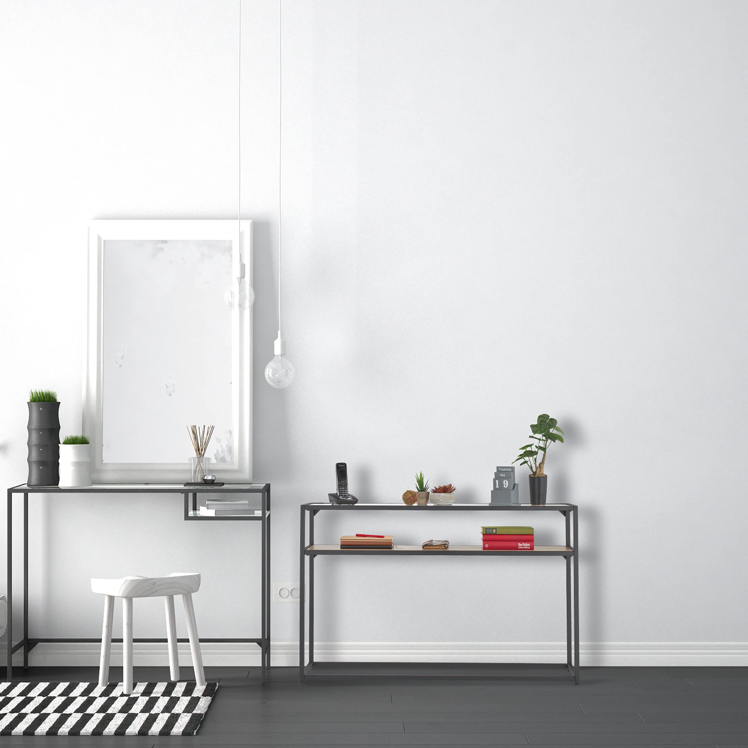 Relaxdays Console 2 Plateaux, Couloir et Salon, 70x110x30 cm, métal, Verre, Aspect Bois, Support à étagères, Noir-Marron