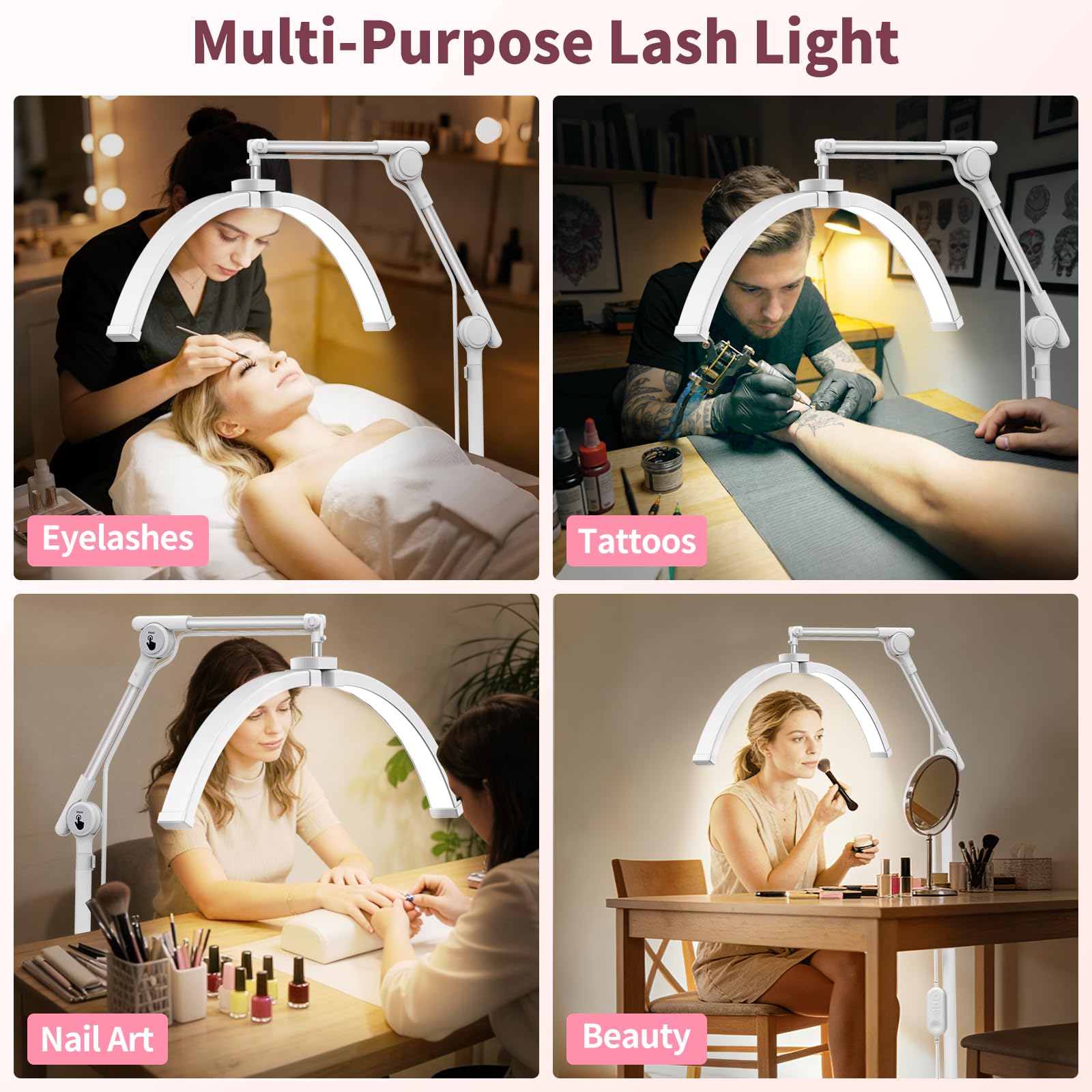 Diesisa Lampe Demi Lune Extension De Cils: Lampadaire à Cils avec Support de Téléphone - Base Roulante -360° Rotative Tête- Luminosité et Hauteur Réglable pour extensions de cils et tatouages-Blanc