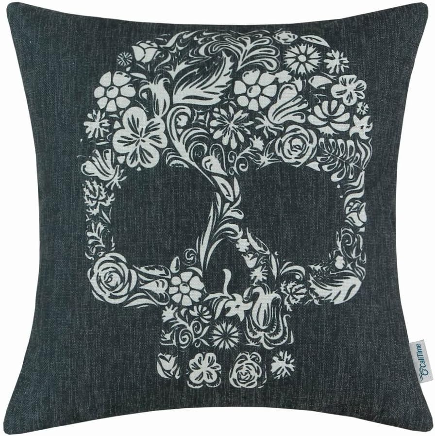 CaliTime Canvas Throw Pillow Case Shell for Couch Bed Home Decoration Halloween Floral Skull 18 X 18 Inches Black