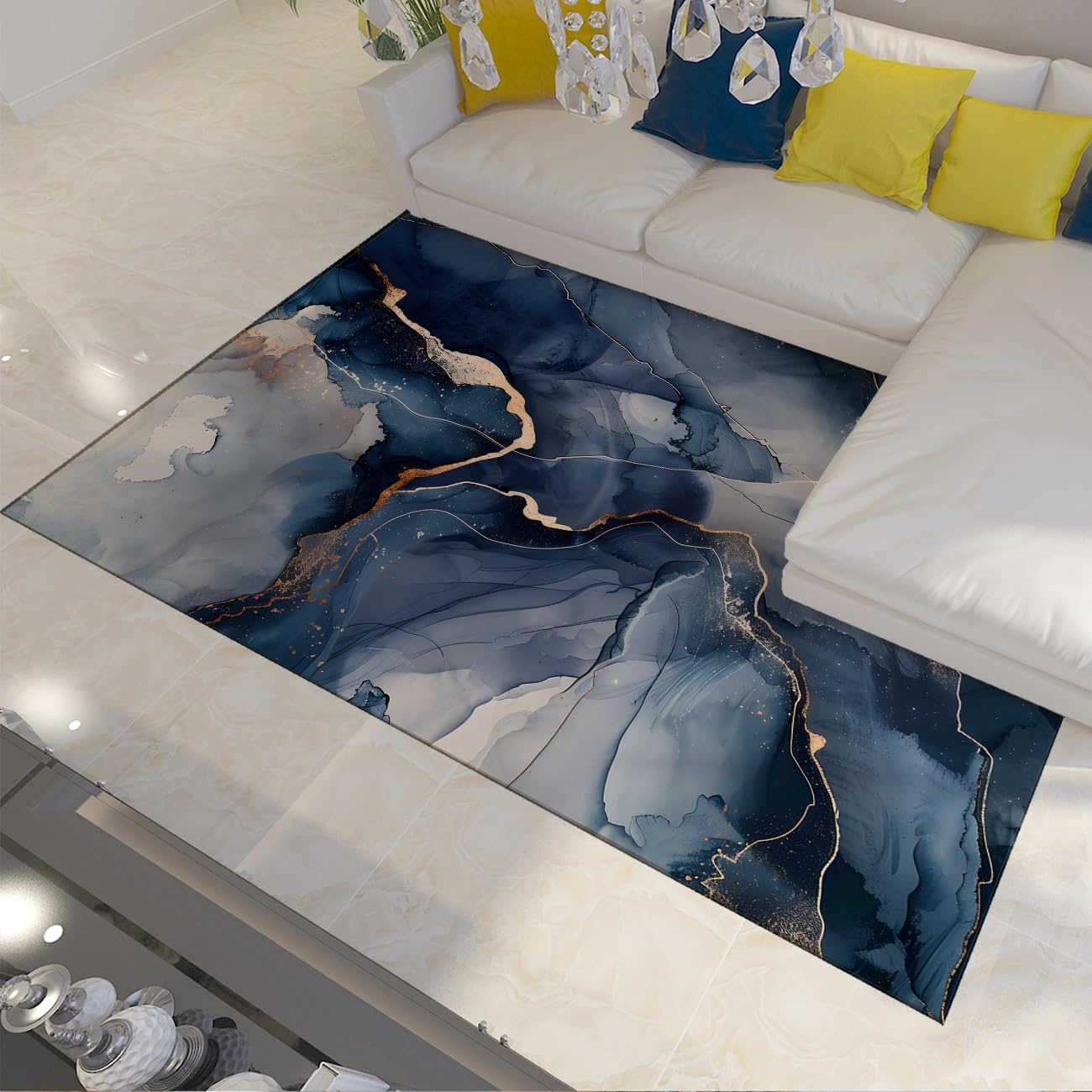 Waschbarer Teppich 180x240 moderner Marmorteppich für Wohnzimmer Schlafzimmer Esszimmer weich niedrigflor maschinenwaschbar rutschfest Nicht abfallend goldblau Fußmatte