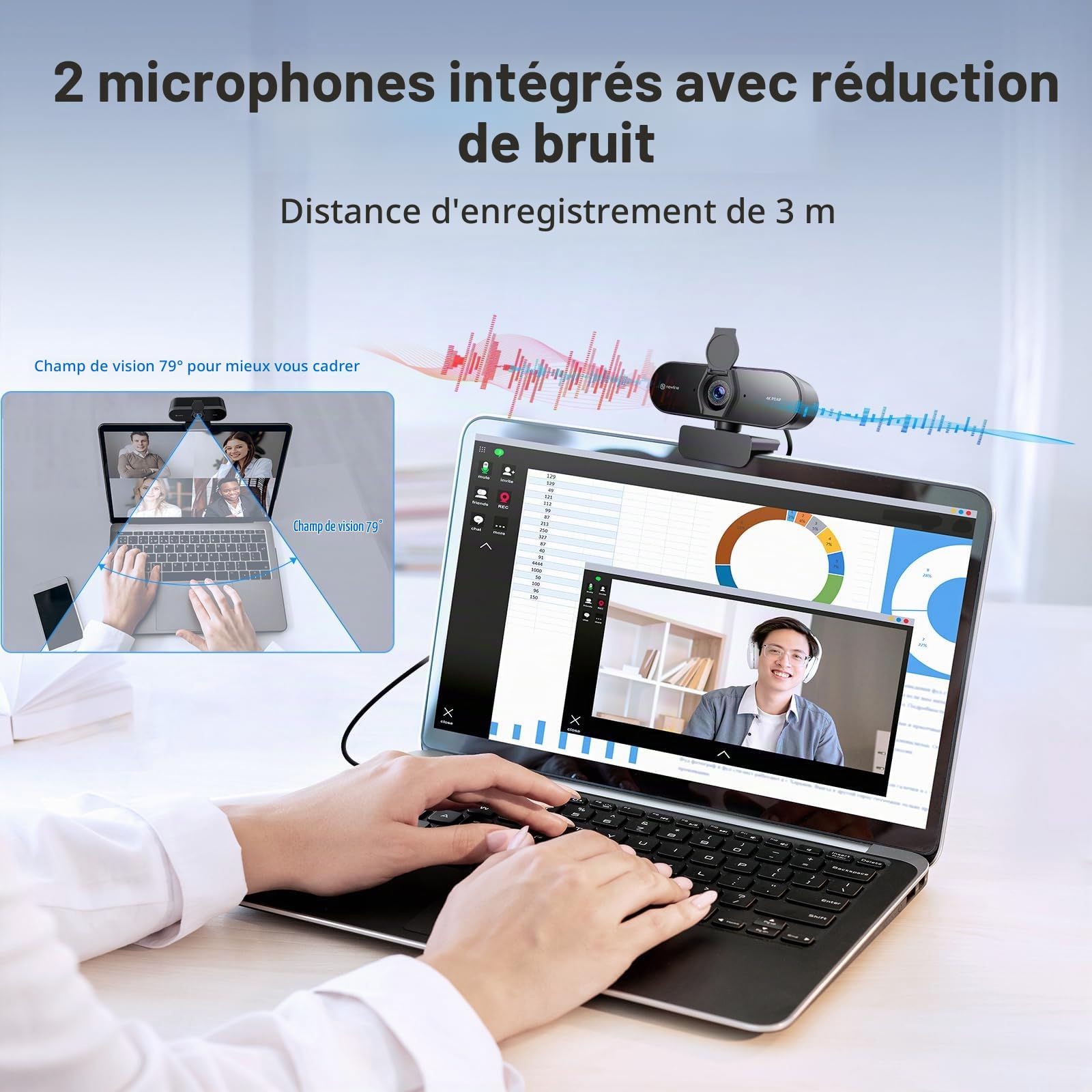 Webcam 4K pour PC avec autofocus PDAF, cache de confidentialité, double microphones, 4K @ 30 fps et 1080p @ 60 fps, correction automatique de la lumière, caméra USB Plug & Play pour