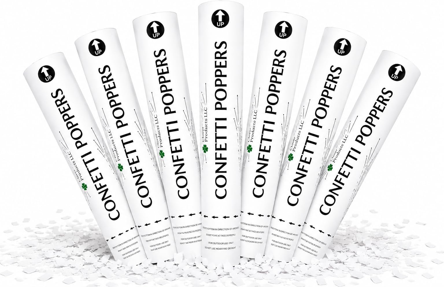 Clover 12" Confetti Poppers, 6 Pack White Confetti Cannons, Air-Powered Party Poppers, Shoots Up to 25 Feet, Safe for Indoor & Outdoor Use, Perfect for Weddings, Birthdays & Events