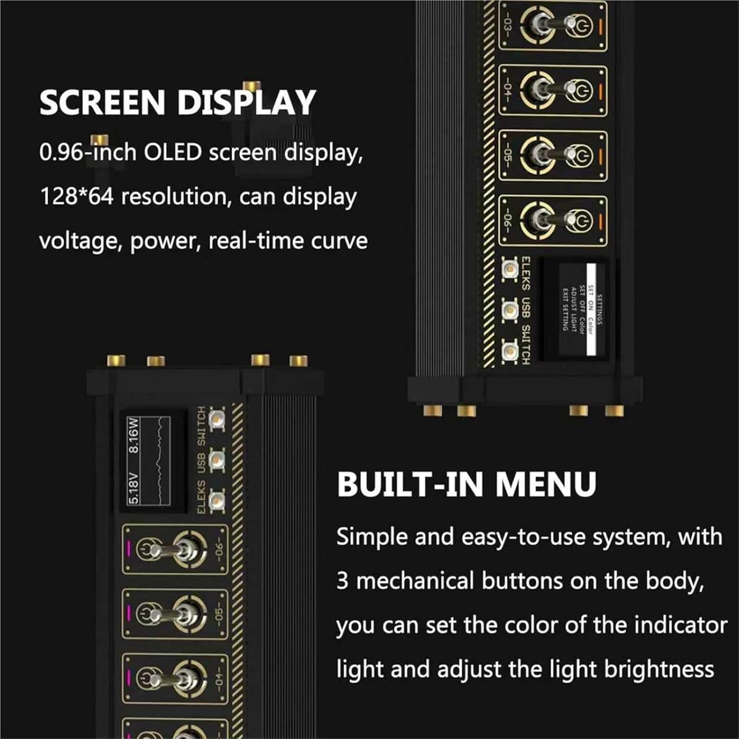 8 Port USB Docking Station, 8 Ports USB C Splitter, 8-Way Switch Total + Voice Control, 1.54-inch IPS Color Screen, 10 Levels Brightness Adjustment, for Phones, Tablets, Gadgets