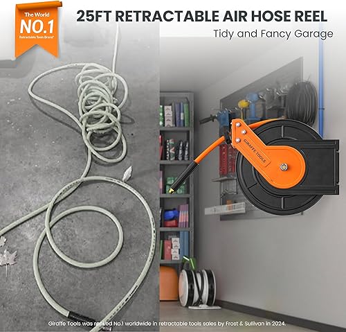 Miniatura 2 de Giraffe Tools TA10B Air Hose Reel 25 ft Retractable Wall Mount Air Compressor Heavy Duty Steel Auto Rewind 300PSI, 25ft, Tangelo