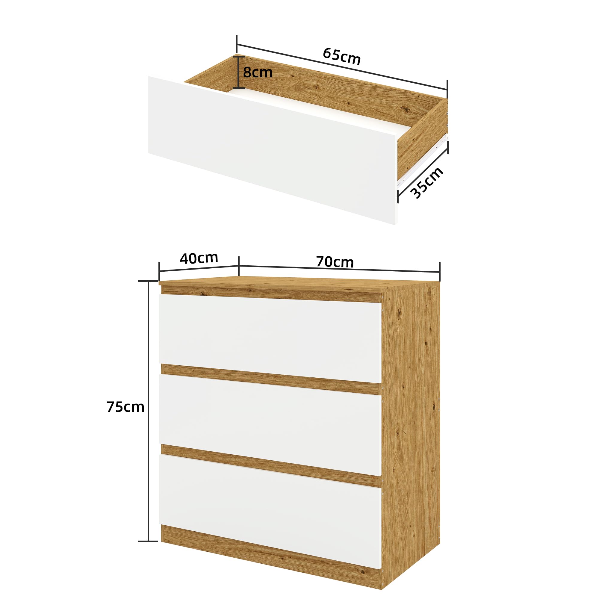 Cajonera Dormitorio, Comoda con 3 Cajones, 70 cm Ancho, Moderno Mueble Cajonera para Salón, Dormitorio, Habitación De Los Niños, Oficina, Blanco/Roble, 70×40×75 cm