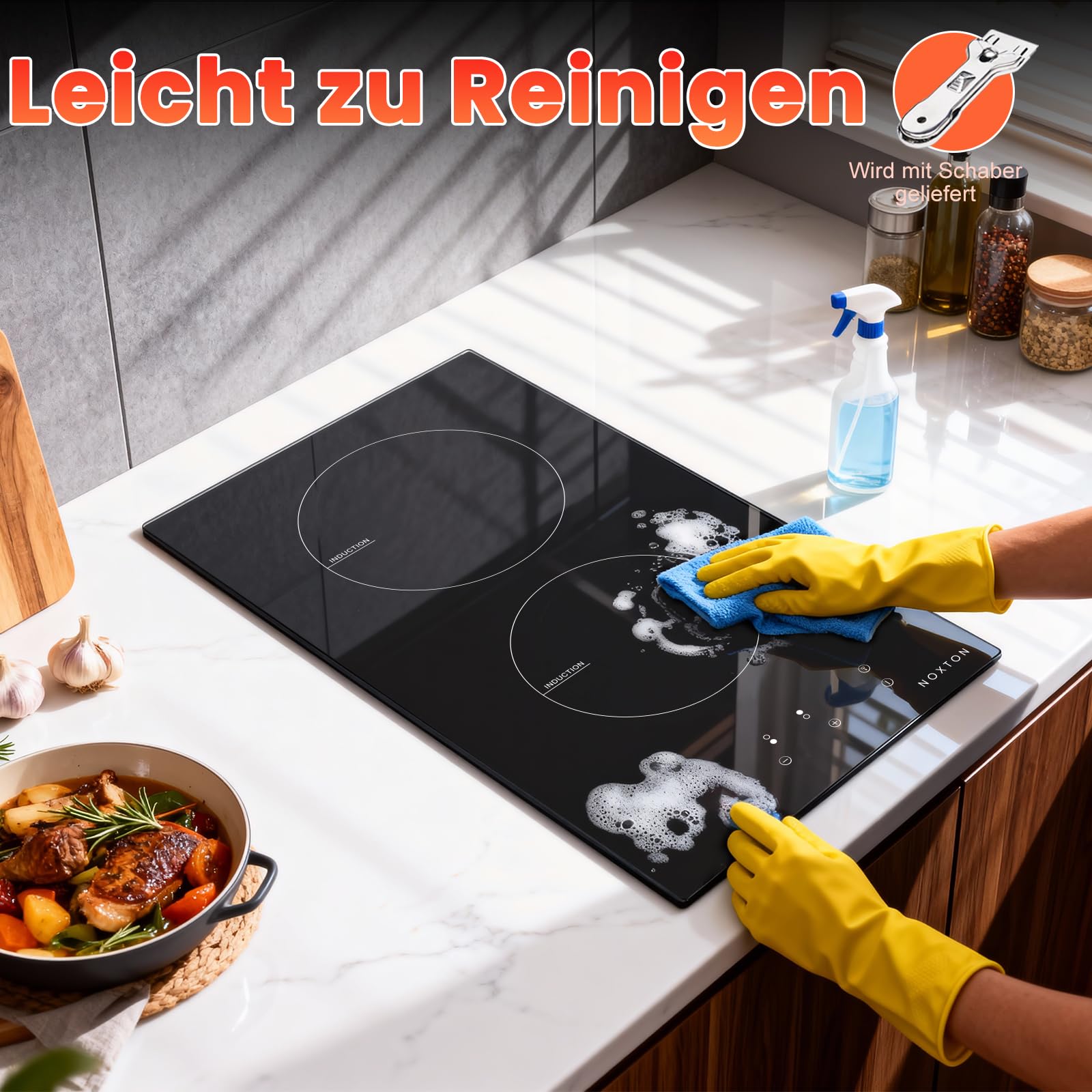 Domino Induktionskochfeld 2 Platten, Induktionskochplatte Doppelt, 3500W | Kochfeld 2 Platten Induktion Einbau mit Stecker, Touch-Steuerung, 9 Heizstufen, Timer, Kindersicherung, 220-240V