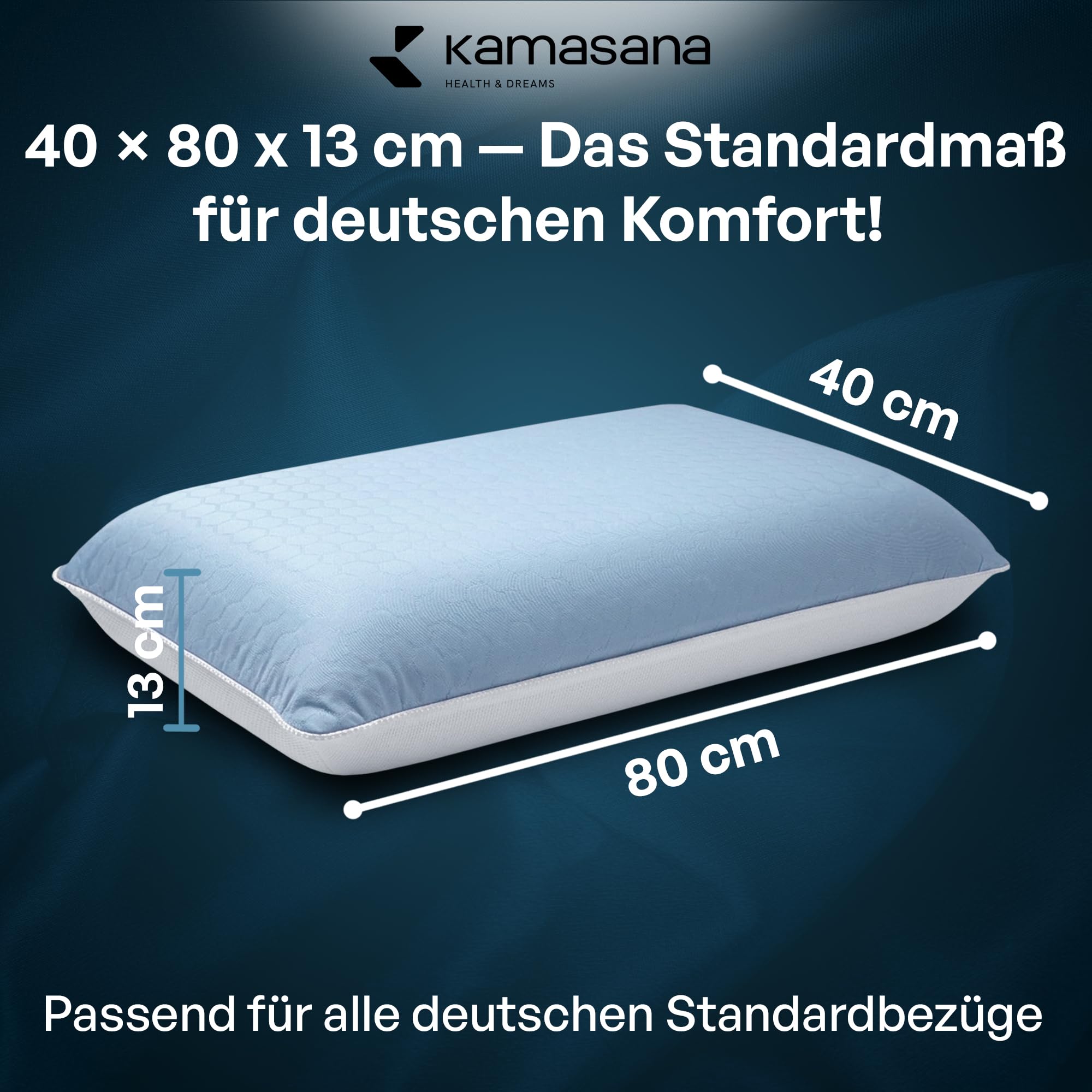 Kühlendes Nackenstützkissen 40x80 cm, Höhe 13 cm – Memory Foam Kopfkissen für Bauch- und Rückenschläfer – Atmungsaktiv, Ergonomisch, Hellblauer Bezug