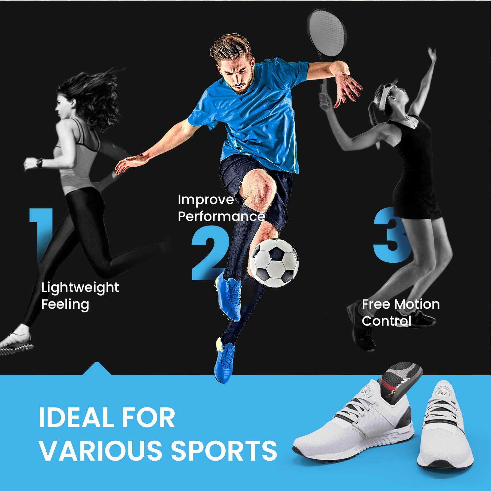 Welnove Plantillas Deportivas Multiuso – Salta más alto, corre más rápido, estabiliza mejor – para correr, baloncesto, fútbol, voleibol – Absorción impactos y retorno energía - M