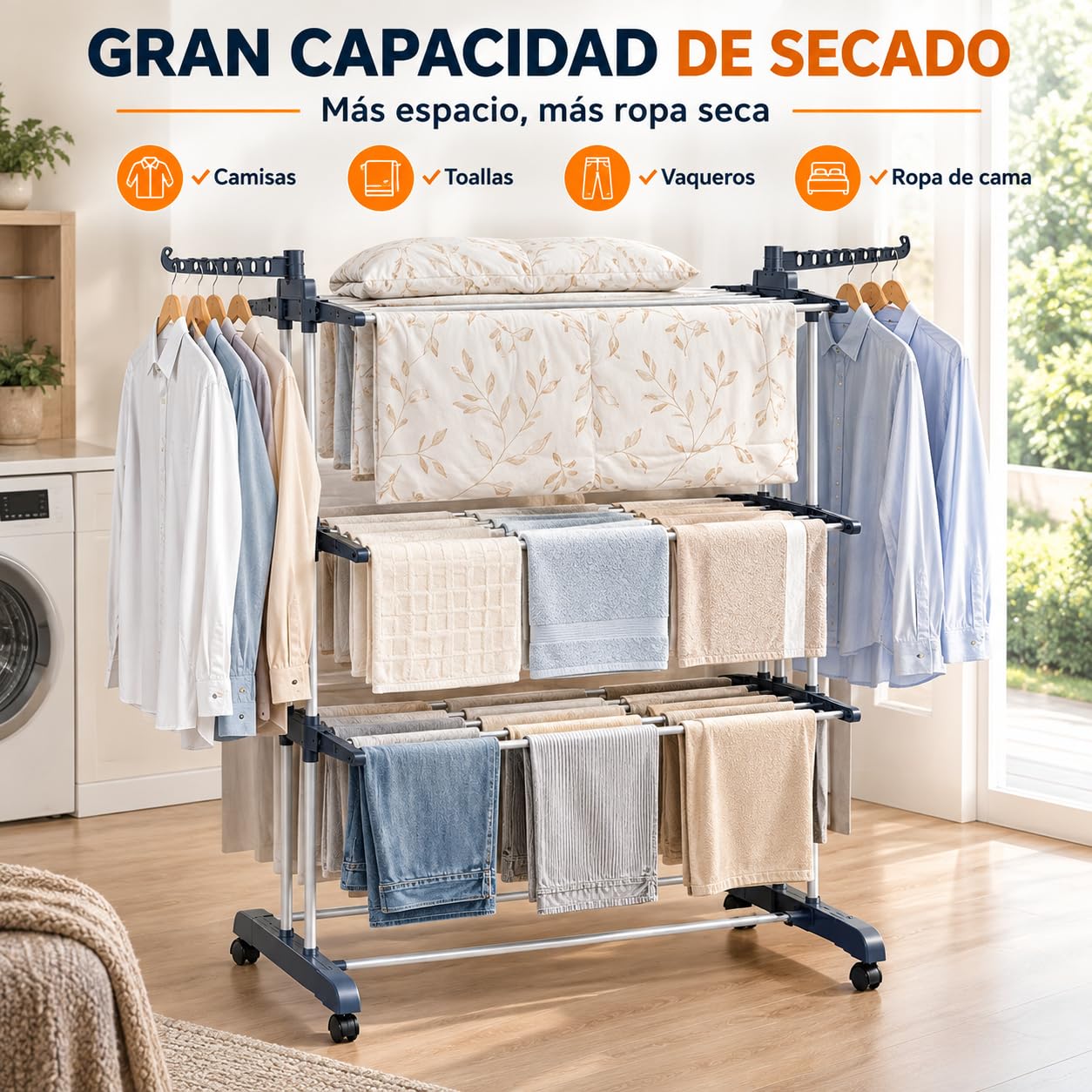 HOMEYA Tendedero Vertical Plegable con Ruedas, 4 Niveles y Ahorra Espacio