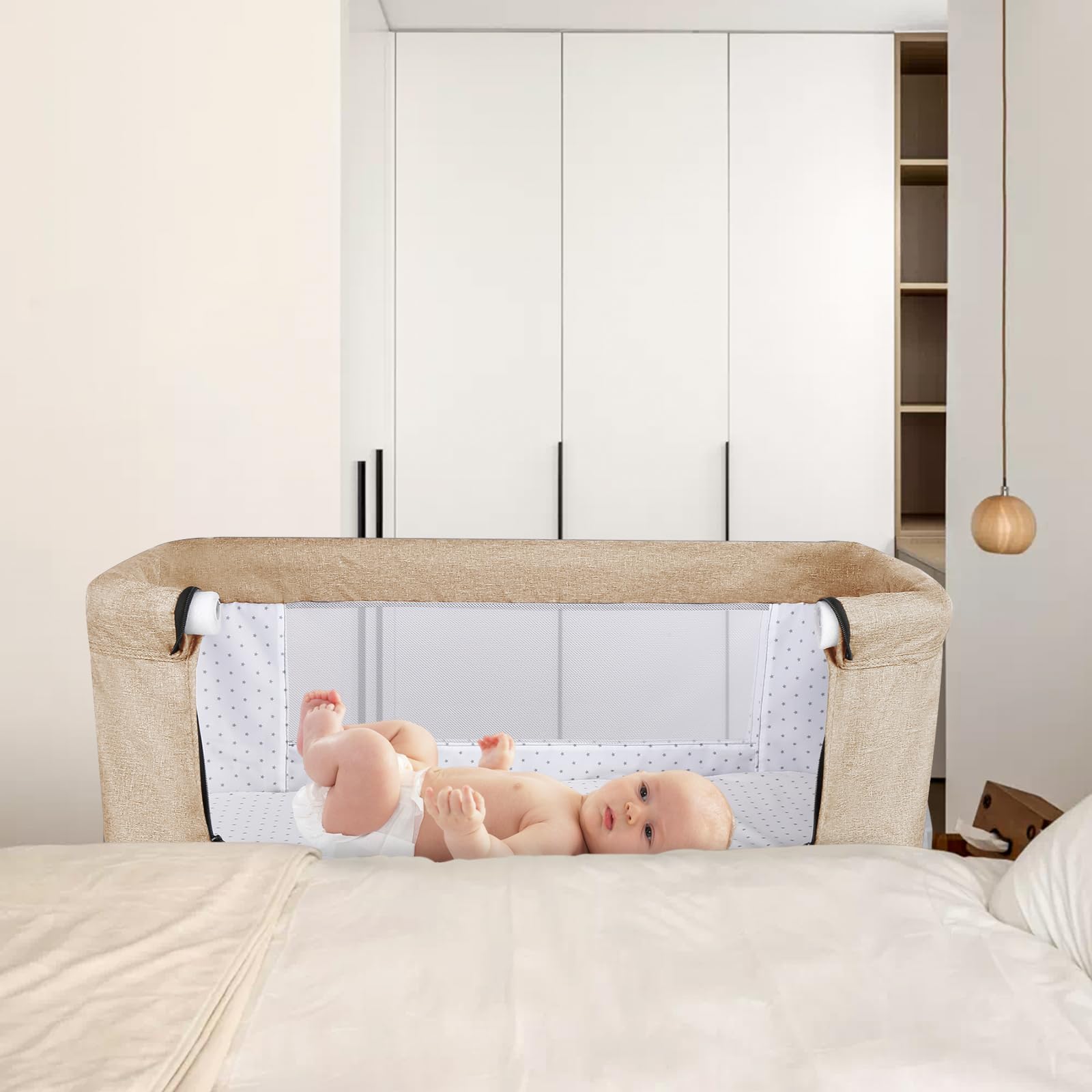 HUOLE Cuna 3 en 1 hasta 30 kg, Cuna de colecho, Cuna Mecedora, Ajuste de Altura e inclinación del colchón, 4 Ruedas con Freno, Colchón Ergonómico, Bolsa-80 * 40 * 100-115cm-blanquecino