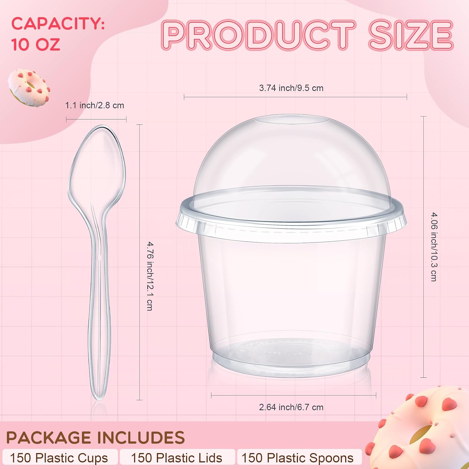 Layhit 150 Pack Clear Dessert Cups with Dome Lids and Spoons, Plastic Parfait Cups with Lids for Yogurt, Fruit, Ice Cream, Mousse, Muffin, Party Supplies for Wedding, Graduation(10oz)