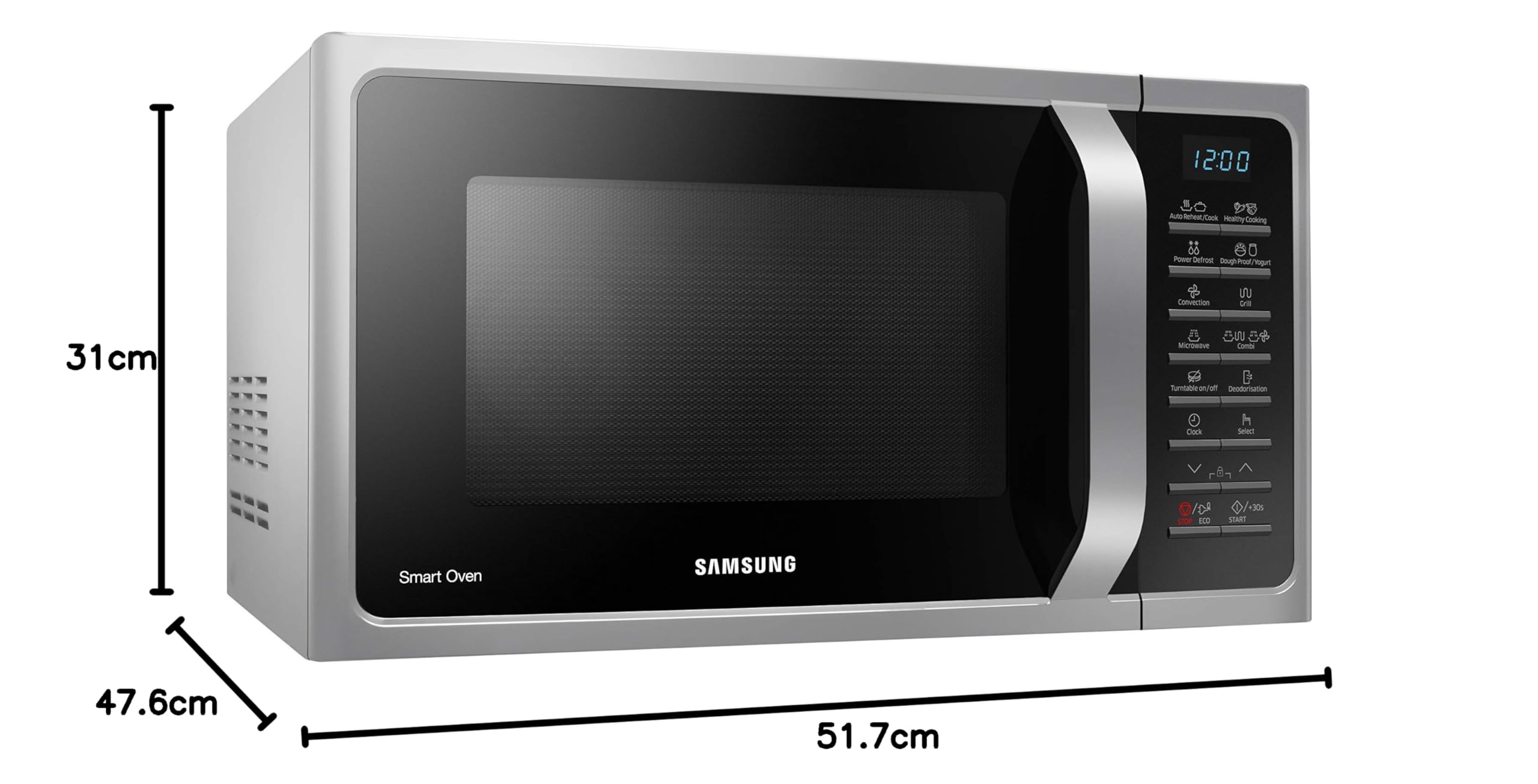 Samsung MC28H5015CS Micro-ondes Combiné, SmartOven, 900 W, Grill 1500 W, 28 L, 51,7 x 31 x 47,6 cm, Argent