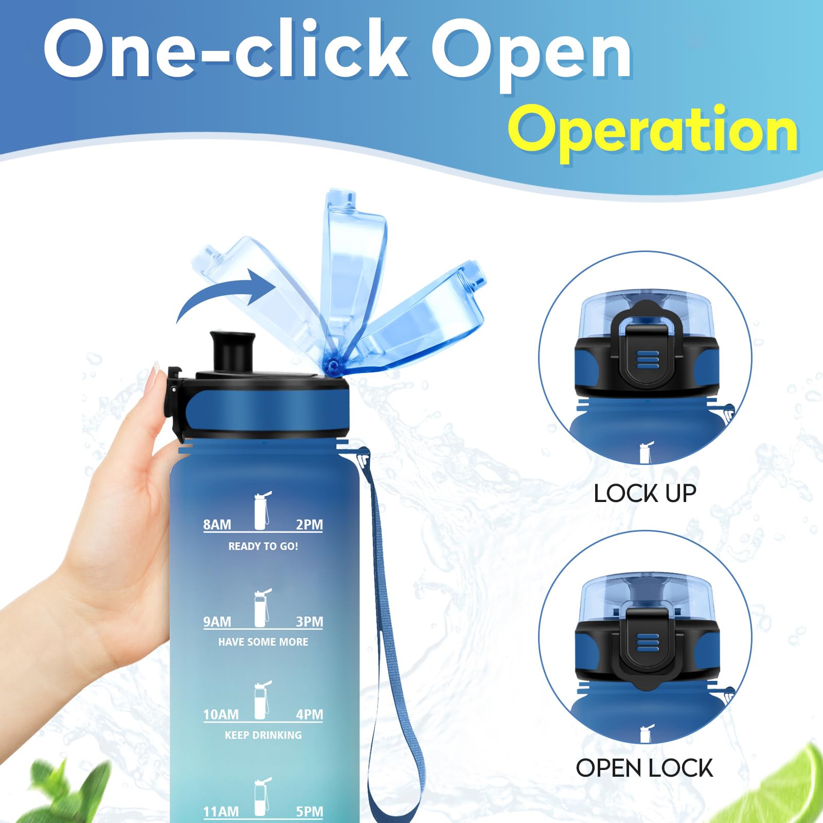 JAPORIA Borraccia 1Litro Plastica, a Prova di Perdite, Borraccia Sportiva con Indicatore del Tempo Motivazional, Borracce per Bici, Palestra, Scuola