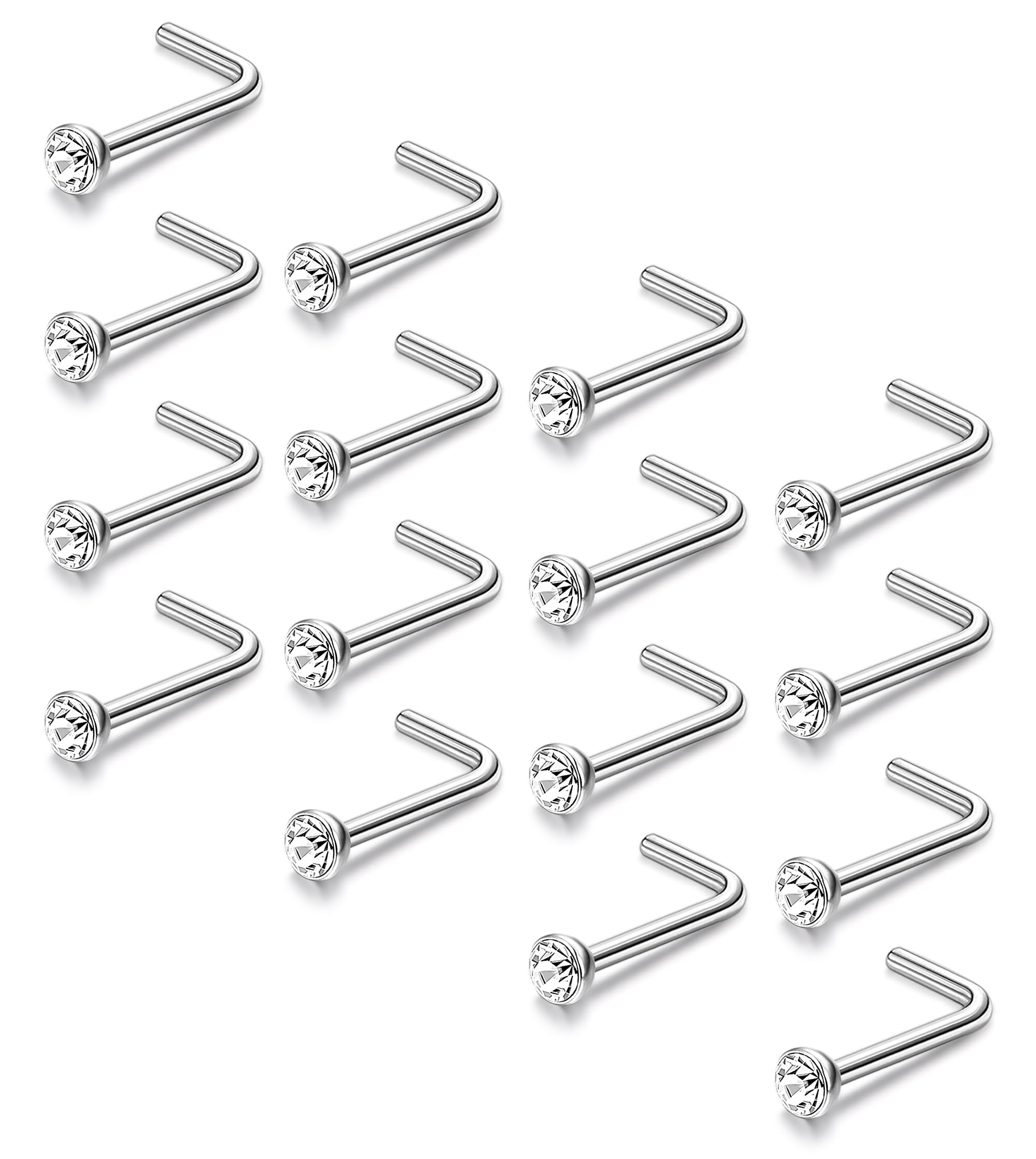 Chriscoco 20G Piercing Nariz Acero Quirurgico Titanio Piercing Nariz Plata Tornillo Hueso en Forma de L Nariz Anillo Diamond CZ Ópalo Bola Plana Nariz Piercing Para Mujer Hombre
