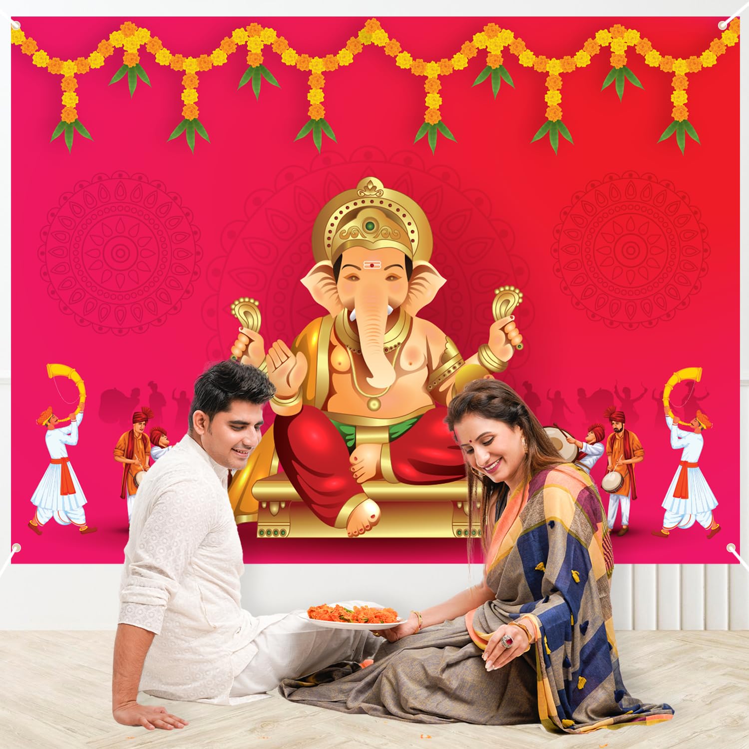 Party Propz Ganpati Printed Puja Decoration Backdrop - 1pc Diwali Decoration for Home Decor, Navratri Decorations Items, Backdrop Cloth for Decorations Pooja, Background Cloth (Cloth Banner) - Image 5 thumbnail