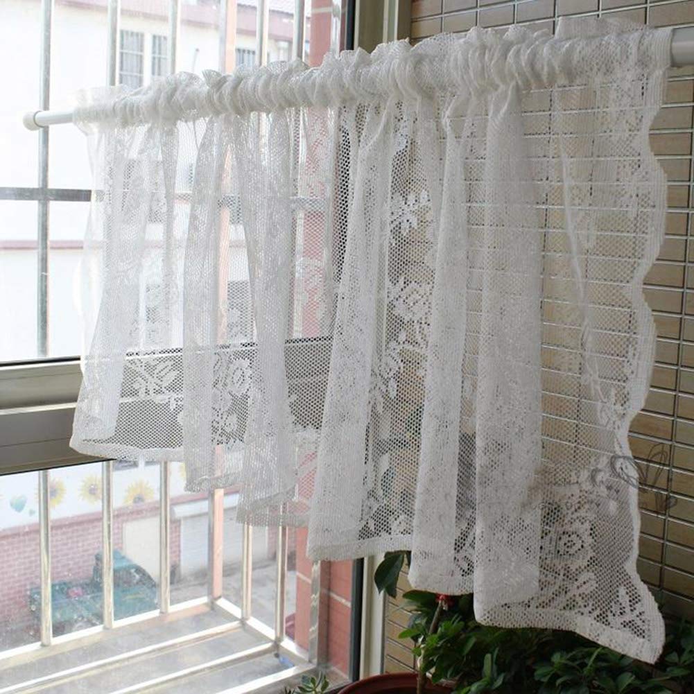 CRYSEU Short Curtains, Solid White Lace Sheer Curtain Valance, Short Kitchen Curtain/Coffee Shop, 1 Piece(W280xH90cm/W110xH35in)