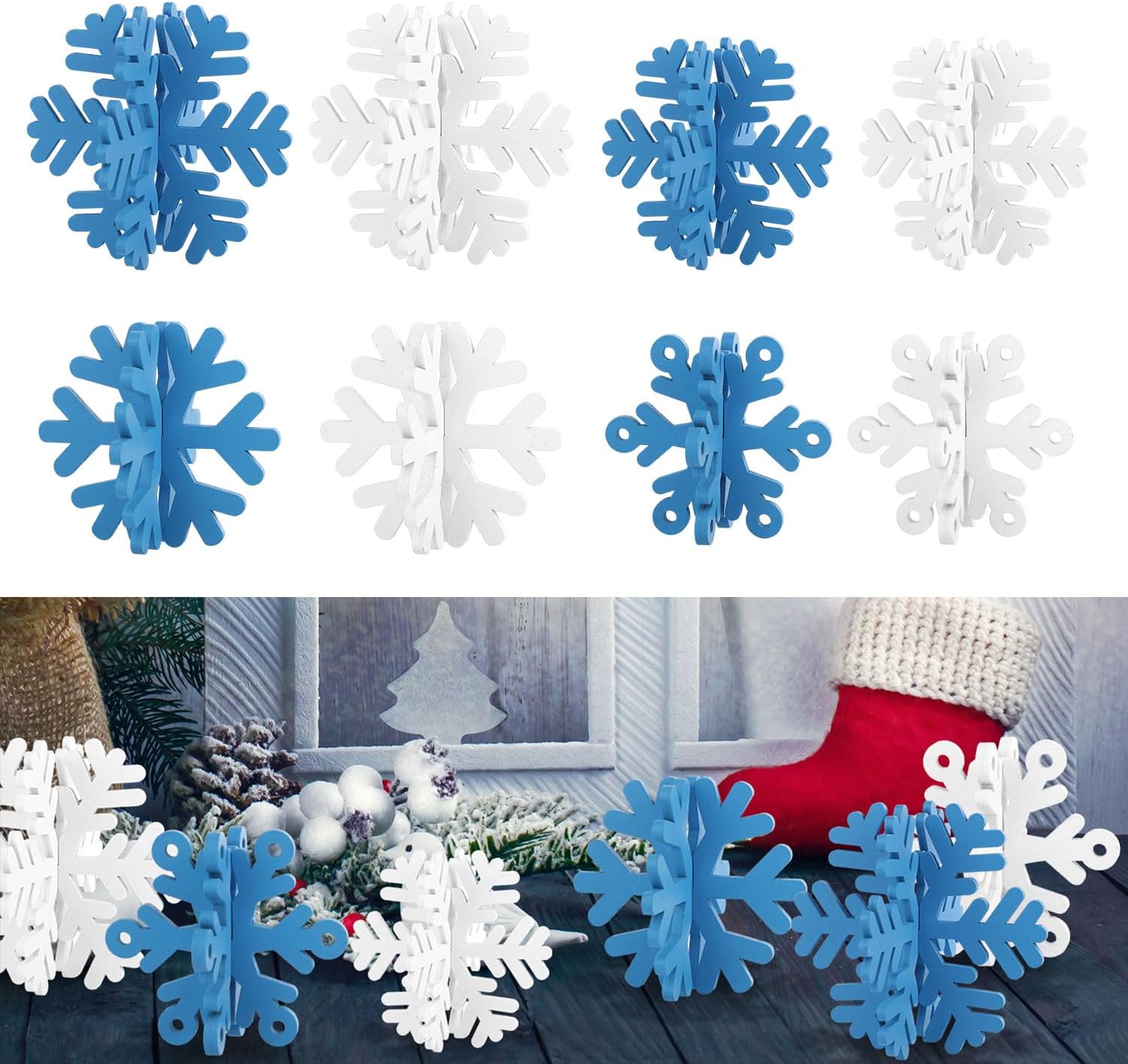 16-dielna sada drevených vianočných dekorácií v tvare snehových vločiek na stôl
