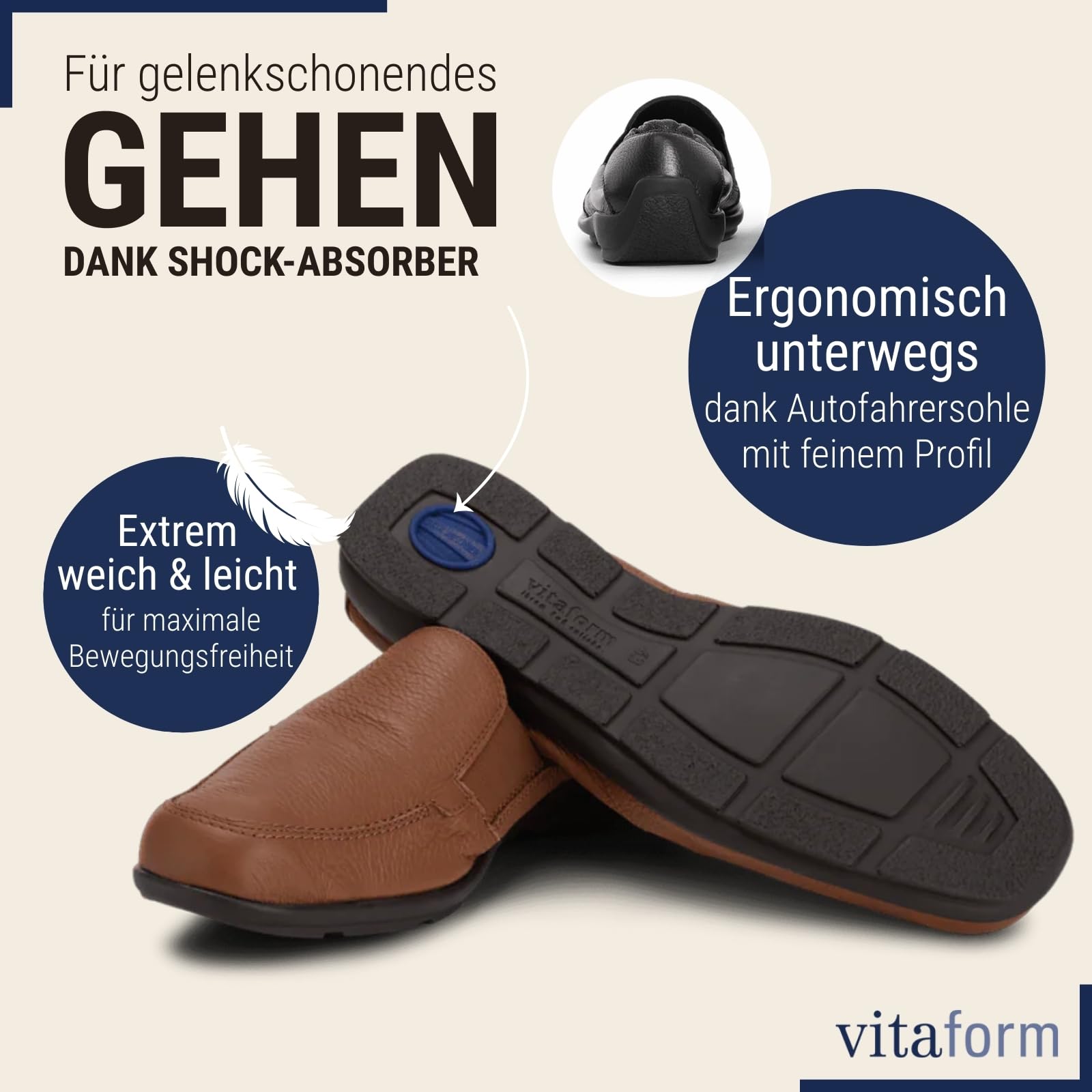VITAFORM® Mokassins für Herren | Slipper | atmungsaktives Hirsch-Leder | Shock Absorber | austauschbares Luftpolster-Fußbett | weich und geschmeidig | für Normale bis kräftigere Füße