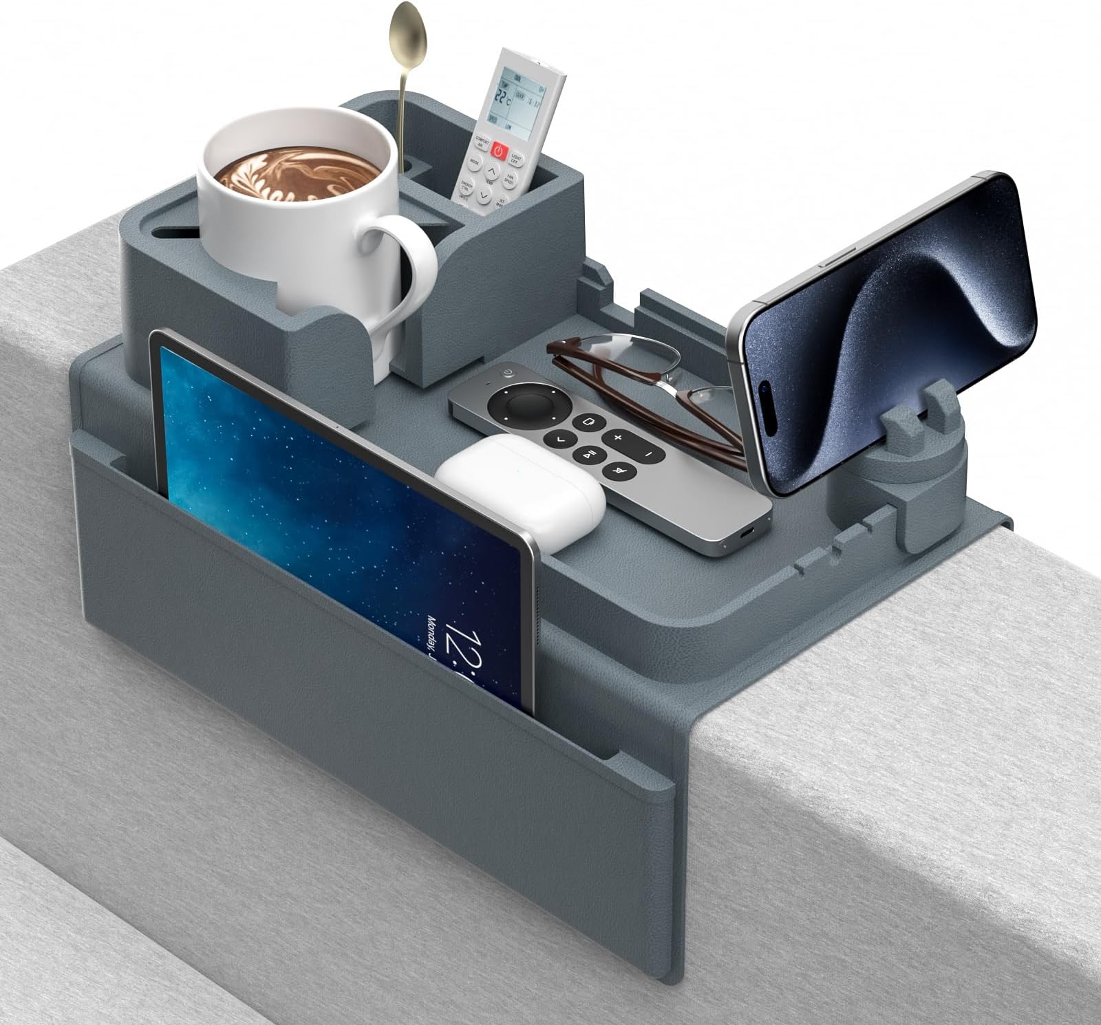 Couch Cup Holder - Anti-Slip Sofa Armrest Tray with Dual Side Pockets - Silicone Anti-Spill Sofa Drink Holder Arm with Phone Holder - Couch Arm Tray for Cup, Phone, Tablet, Remote Control Snack