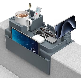 CLESOO Sofa Tray Armrest with Drink Holder Non-Slip Sofa Tray with Two Side Pockets and Phone Holder Silicone Anti-Spill Couch Organizer for Cup Phone Tablet Snack Blue