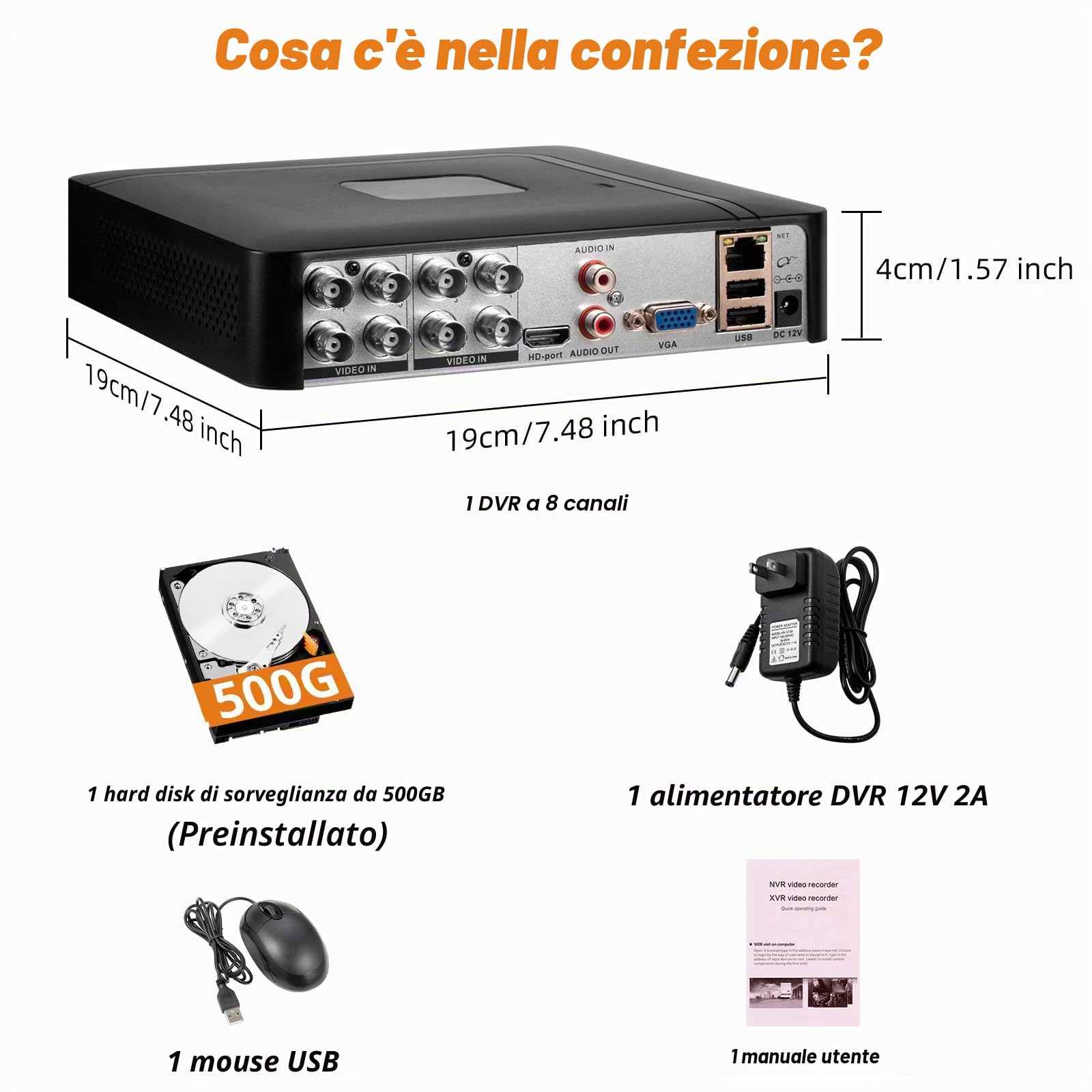 DVR per sorveglianza 8 canali H.265+ con HDD da 500G, DVR CCTV ibrido 6-in-1 per telecamere CVBS/AHD/TVI/XVI/CVI/IP, DVR per telecamere di sicurezza per sistema di sorveglianza domestica, APP mobile e