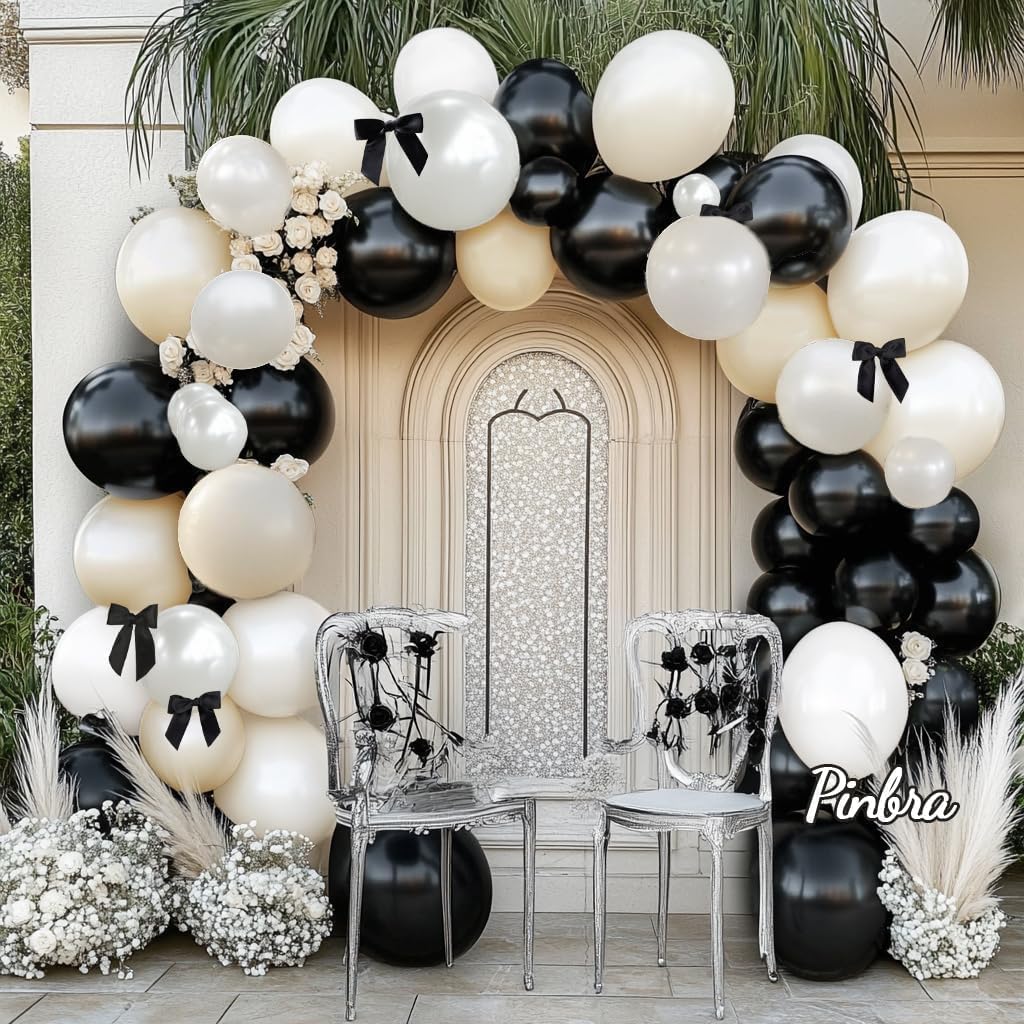 Fancy Halloween Double Stuffed Balloon Garland Different Sizes 18In 12In 5In Black Red White Black Bow Balloon Arch Kit For Happy Halloween Birthday Magic Party Decorations