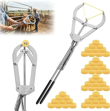 50 Elastrator Bands with Large Stainless Steel Banding Tool Bander Livestock Management Fits Bull,Calves, Goats, Sheep, Easy Application