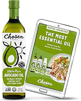 Chosen Foods 100% Pure Avocado Oil for Cooking - 25.4 floz - Rich in Good Fats, Naturally Refined, High Smoke Point, Non-GMO, Soy-Free, Canola Oil-Free, Gluten-Free, Keto + Recipe eBook