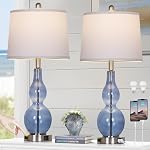 Rinweey 26" Modern Clear Glass Table Lamps Set of 2,Nightstand Lamp with USB A+C Ports & AC Outlet,Bedside Lamps with 3-Way Dimmable Touch Control Night Light for Bedroom Living Room(Bulbs Included)