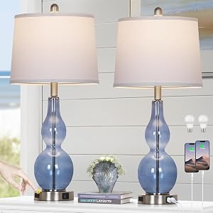 27 5 Coastal Blue Glass Double Gourd Table Lamp Set of 2 3-Way Dimmable Touch Control Bedside Lamps