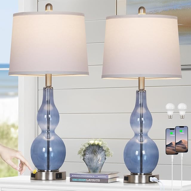 27 5 Coastal Blue Glass Double Gourd Table Lamp Set of 2 3-Way Dimmable Touch Control Bedside Lamps