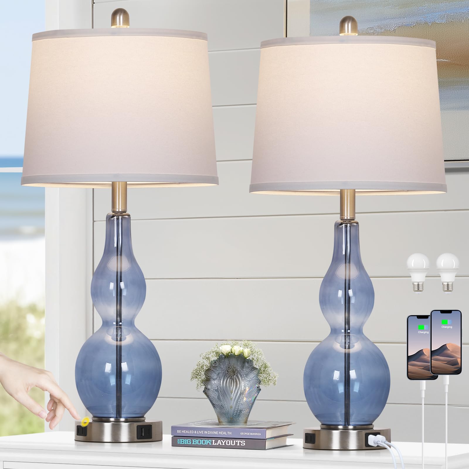 27 Coastal Blue Glass Double Gourd Table Lamp Set Desertcart INDIA