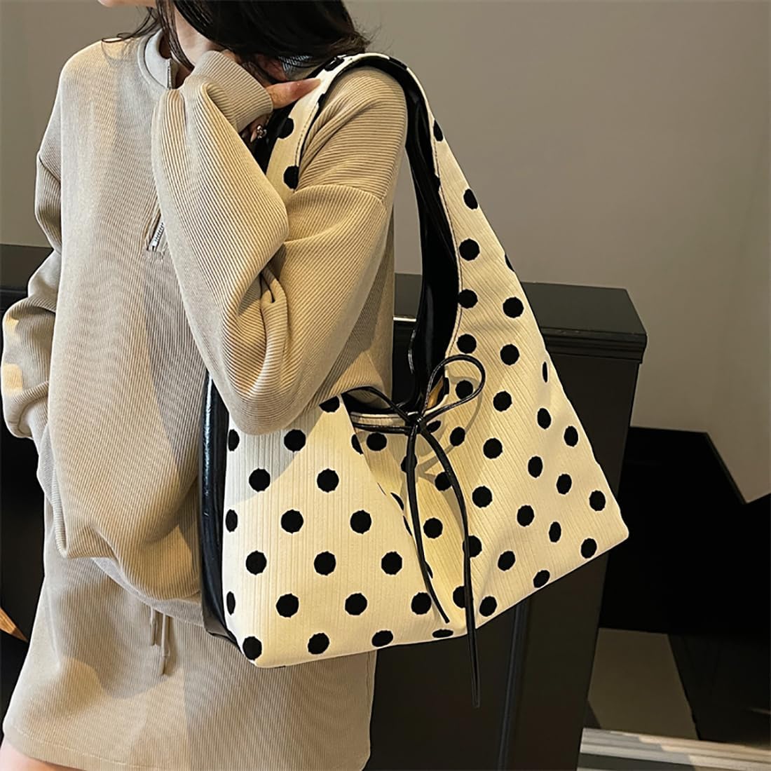 MaxxCloud Polka Dot Bow-Embellished Top-Handle Bag for Women-Underarm Tote,Shoulder Bag&Handbag for Work,Shopping