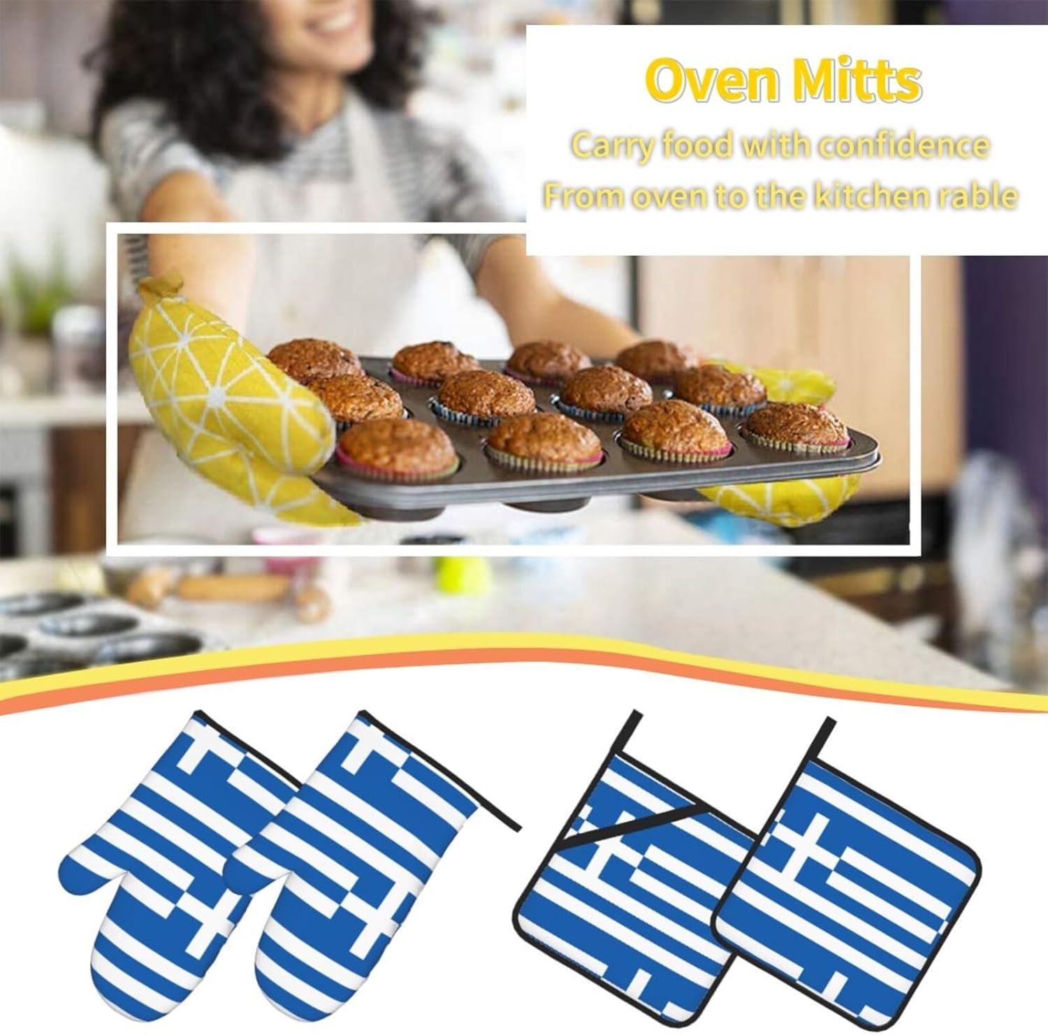 Greek flag Oven gloves and heat-resistant mat 4-piece set. Suitable for grilling, microwave oven frying, and baking