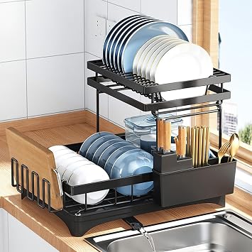 Stainless Steel Dish Drying Rack with Hooks, Chopsticks Cage and Knife Holder, Kitchen Supplies Shelf Utensils Organizer Rack
