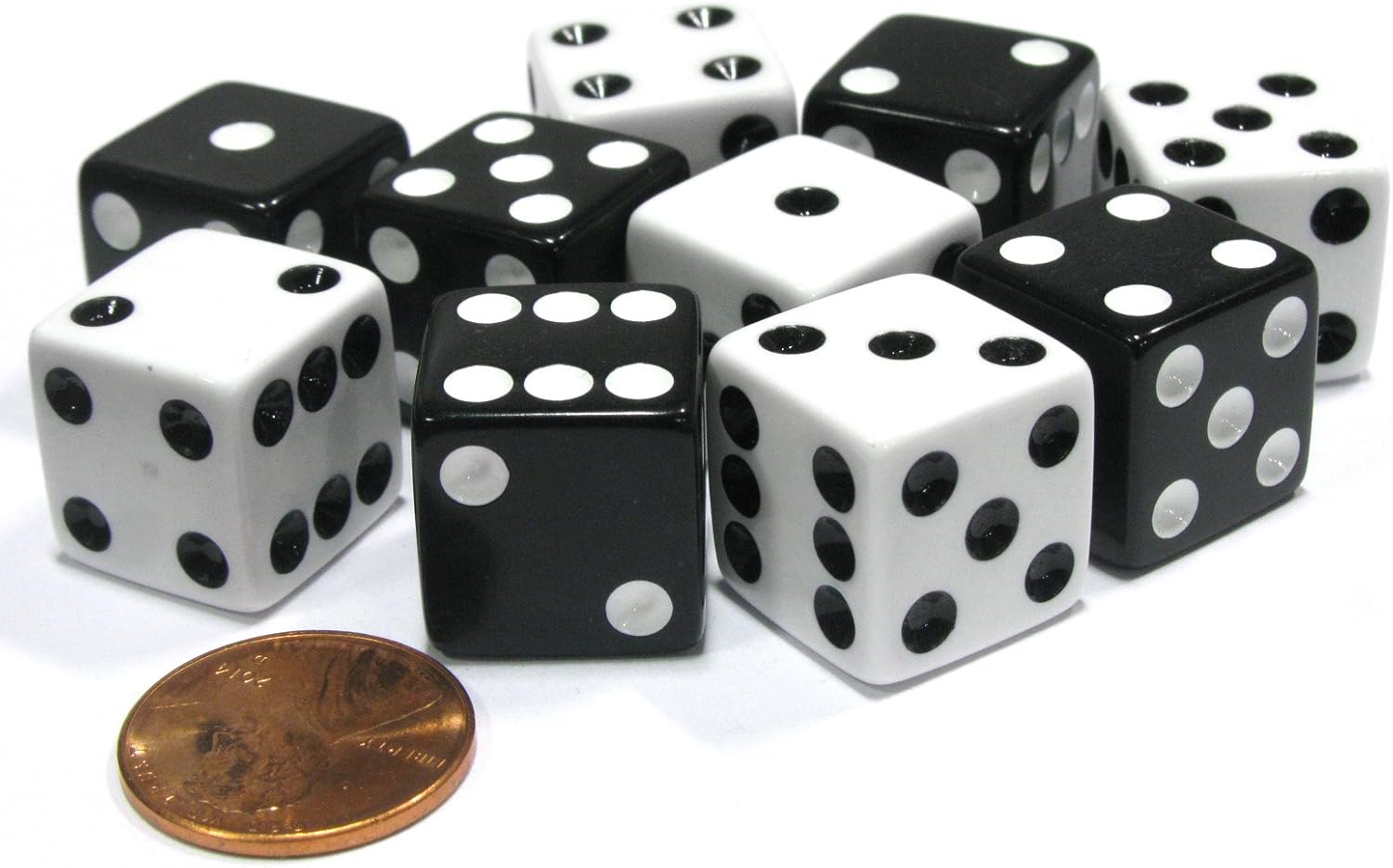 Set of 10 Six Sided 16mm D6 Dice - 5 Black w White Pip and 5 White w Black Pip by Koplow Games