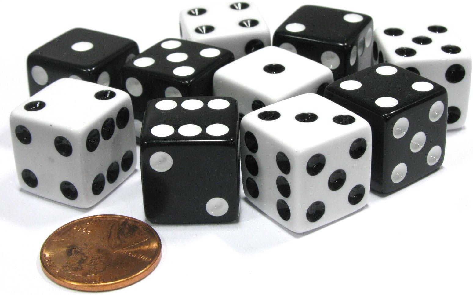 Set of 10 Six Sided 16mm D6 Dice - 5 Black w White Pip and 5 White w Black Pip by Koplow Games