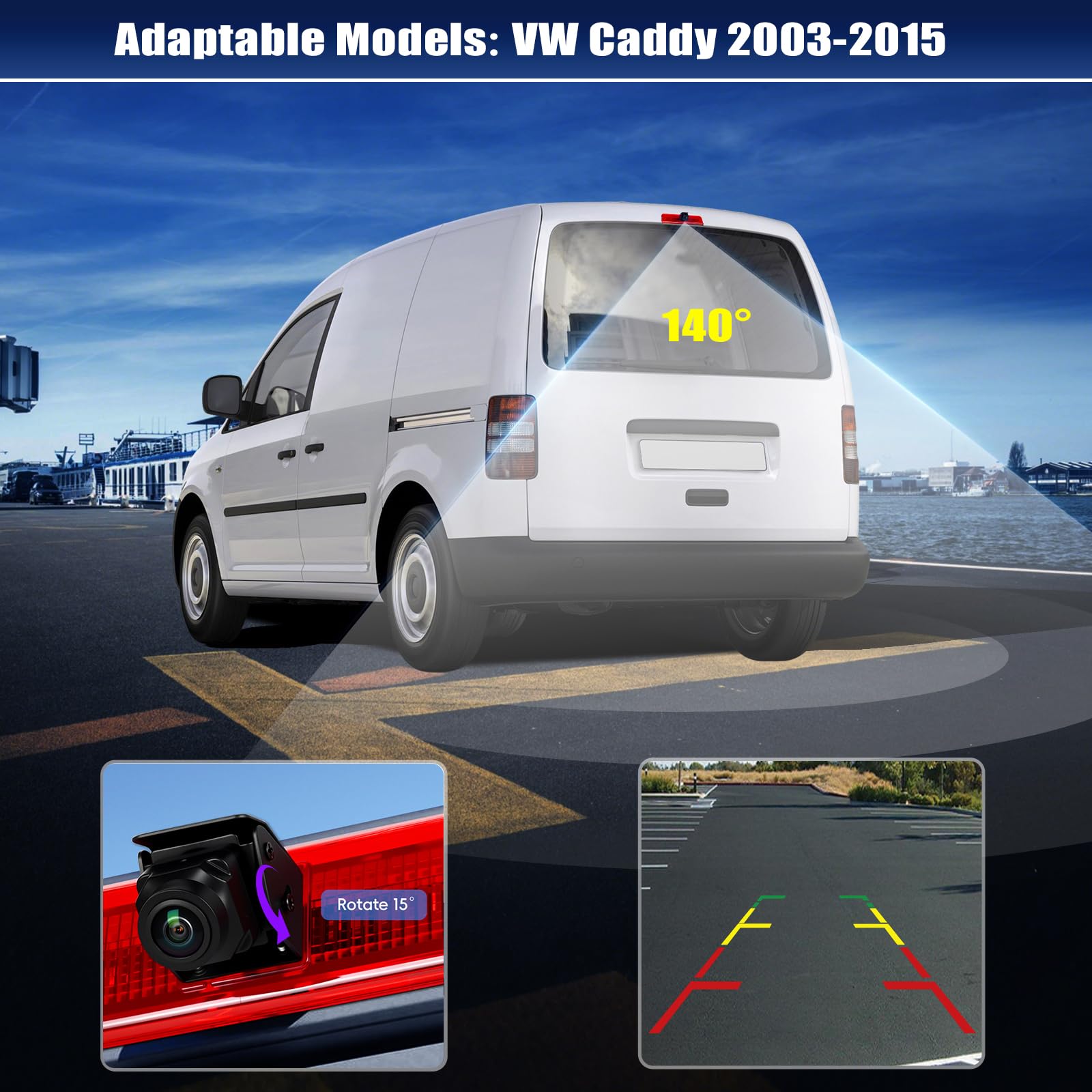 CAMECHO Cámara Trasera con luz de Freno HD con Visión Nocturna, Cámara Resistente al Agua IP67 para VW Caddy 2003-2015, luz de Freno con Ggran Angular de 140°, 12 V, conexión por Cable de 10 m