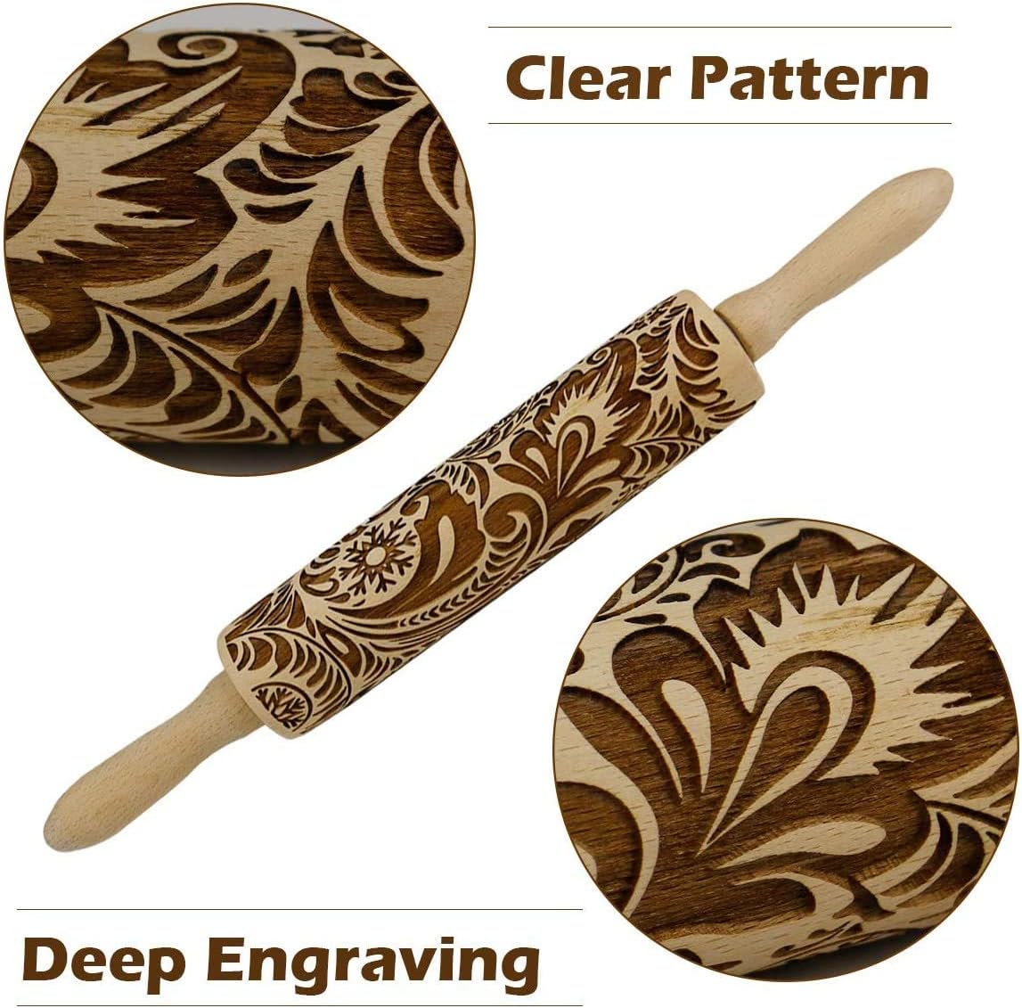 Embossing Rolling Pin for Christmas,3D Flower Pattern Wooden Roll Pin Laser Engraved Rolling Pin DIY Tool,Rolling Pin for Baking Cookies Biscuit Fondant Cake Dough Clay (13.8''x2'')
