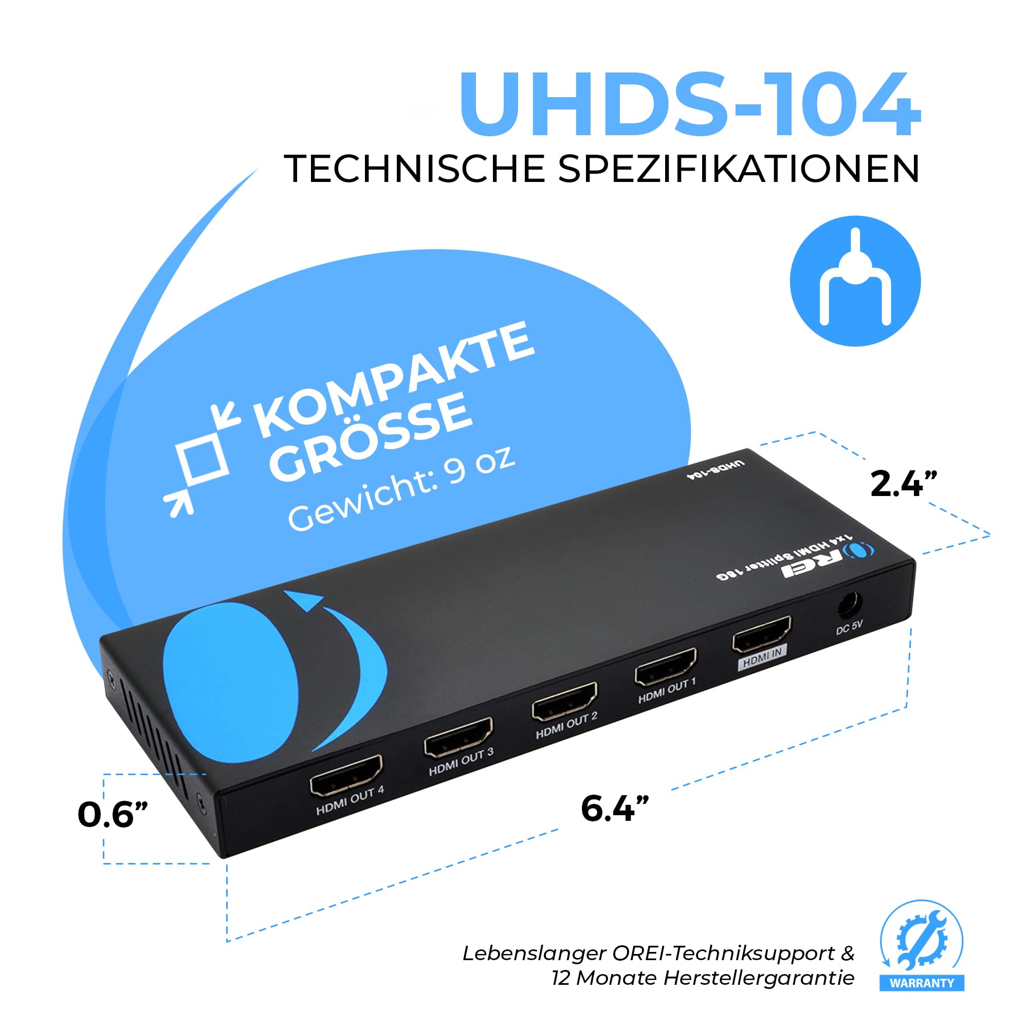Orei UltraHD 4K @ 60 Hz 1 X 4 HDMI Splitter 1 in 4 Out 4 Port 4: 8-Bit - HDMI 2.0, HDCP 2.0, 18 Gbps, EDID, Duplicate / Mirror 4K Screens - UHDS-104