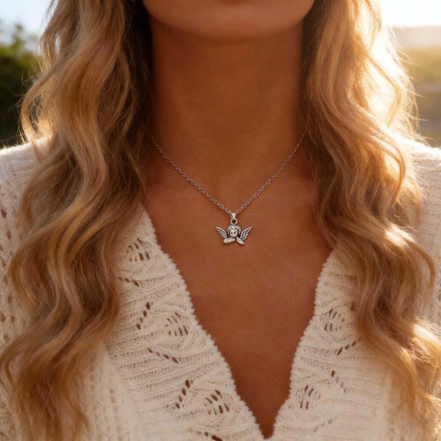 Andelaisi Boho Angel Pendant Necklace Vintage Angel Wing Necklace Silver Angel Choker Necklace Minimalist Cupid Angle Necklace Jewelry for Women - Image 2