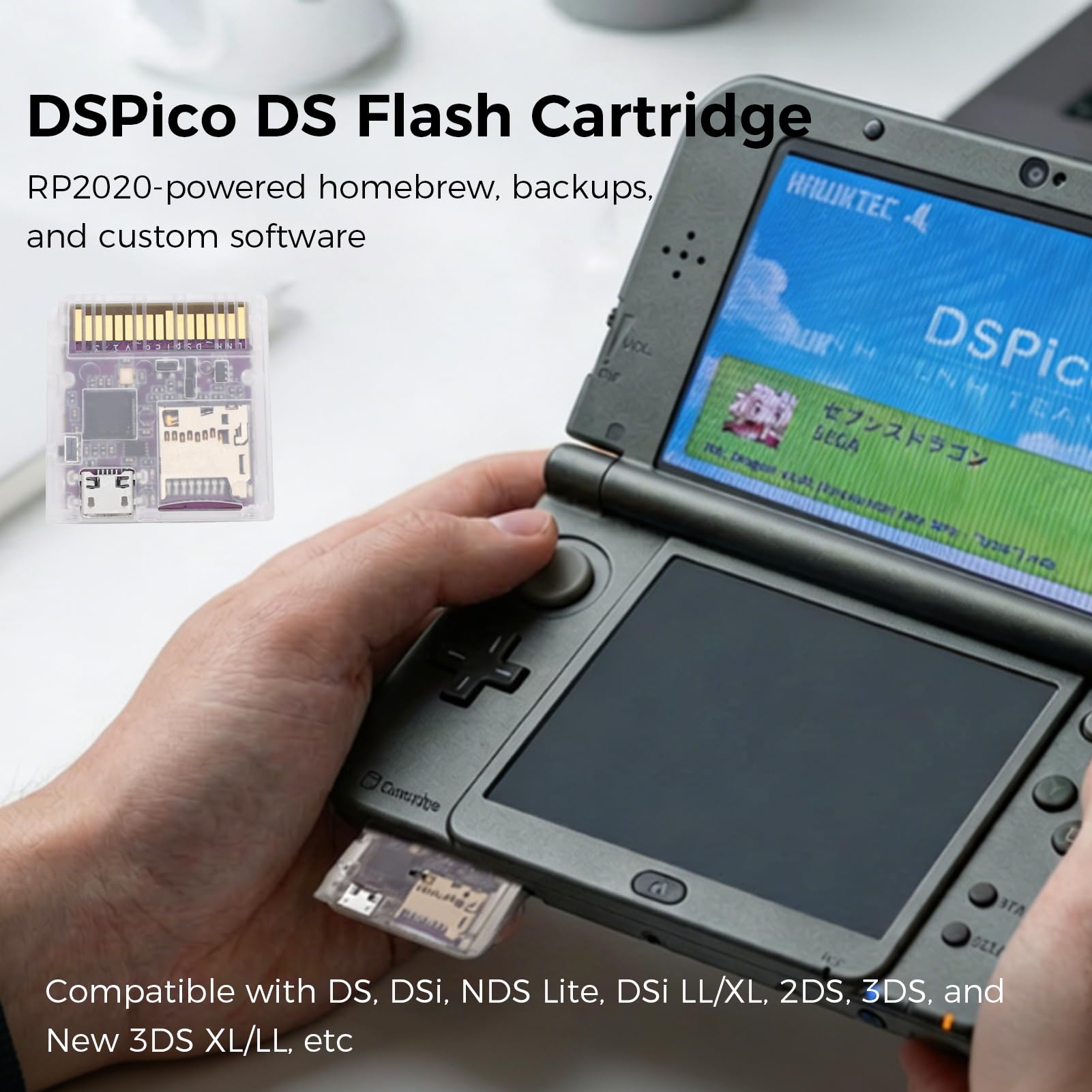 Plyisty Carte Flash DSPico DS pour NDS NDSL DSi 3DS 2DS, alimenté par MCU RP2040, Cartouche de Jeu Open Source de Mise à Niveau R4 6 Mo/s, Mode DS et Prise en Charge du Lanceur Pico
