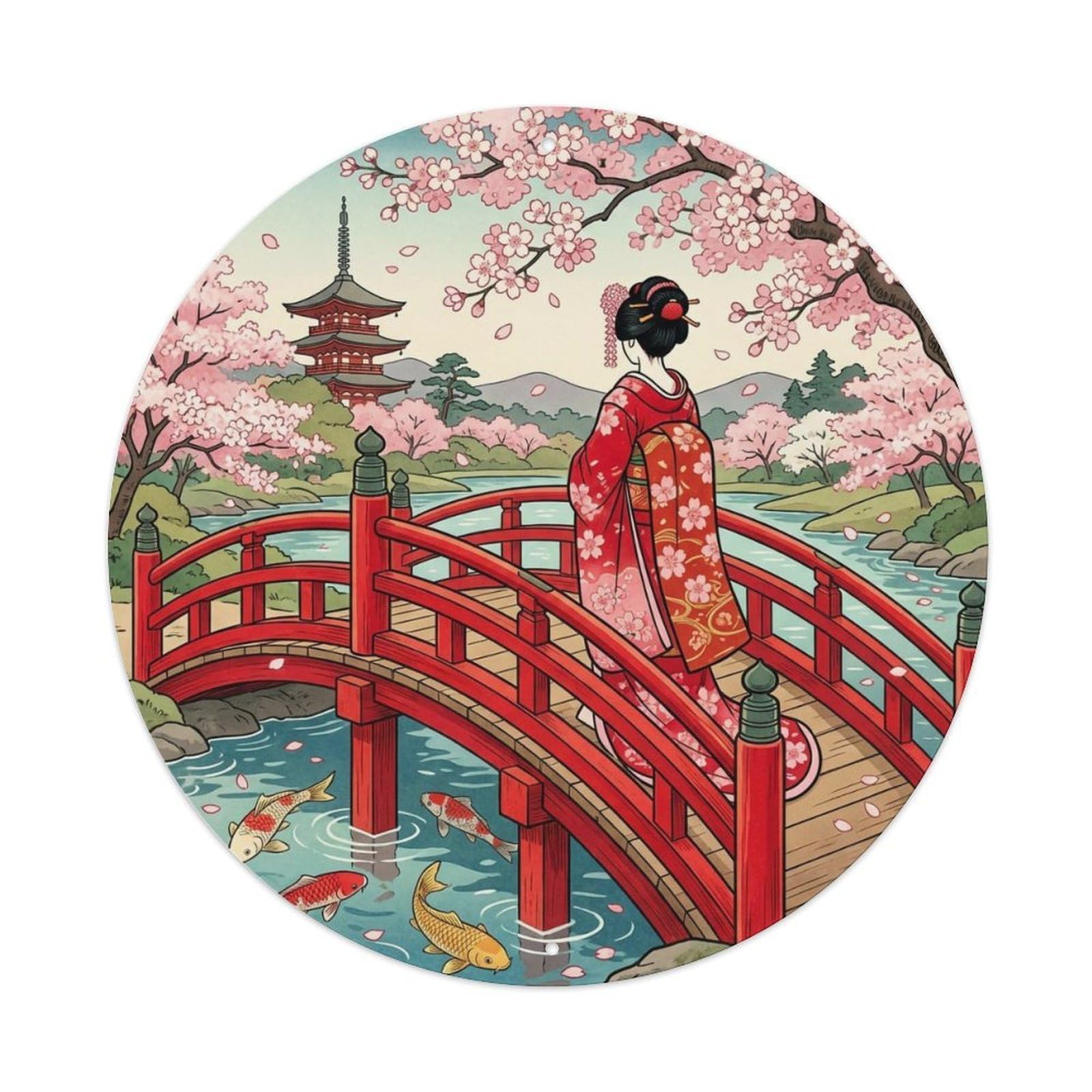 Yrnq 8X8inch Vintage Style Japanese Kimono Lady Red Bridge Cherry Graceful Scene Metal Tin Sign