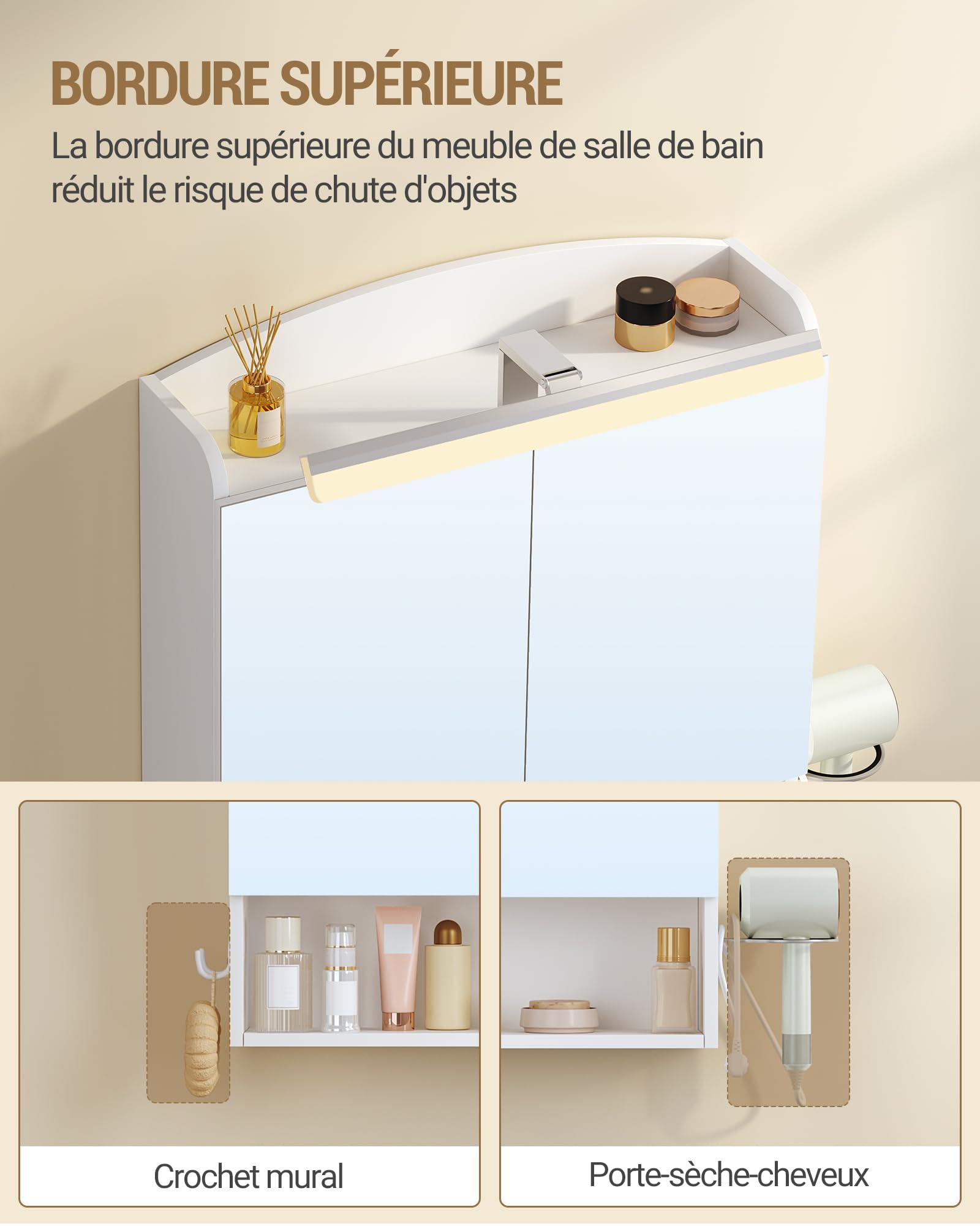 Hzuaneri Armoire Murale Salle de Bain avec Miroir et LED, Meuble de Salle de Bain avec miroir, prise et interrupteur, avec Étagère Réglable, Support Sèche-Cheveux, Blanc 16,5 x 60 x 68,5 cm MC10003XEU